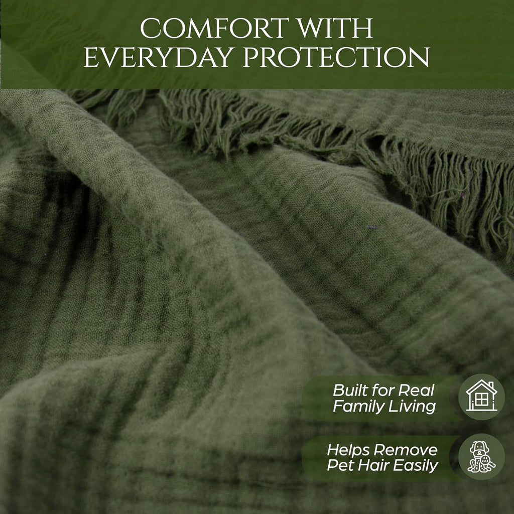 Large Gauze Sofa Cover%100 Pure Cotton, Green Couch Covers for 3 Seater, 4 Seater Sofa, Sectional, 4 Layered Natural Muslin Washable Cloud Like Couch Cover (Green, 70x150/177x380cm)