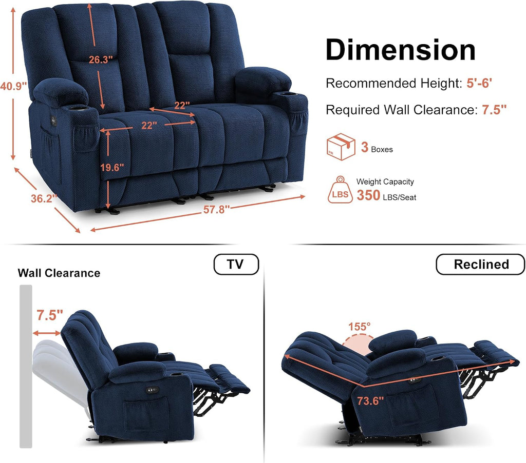 MCombo Zero Gravity Power Loveseat Sofa, Heat and Massage, Reclining Loveseat for Living Room, Fabric 6035SET (Navy Blue, Loveseat)