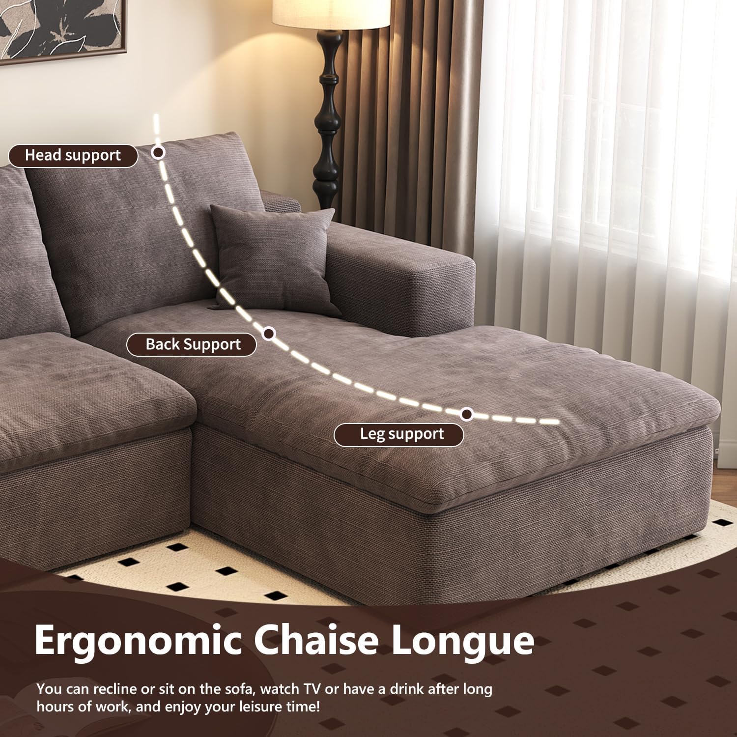136.6'' U-Shaped Modern Modular Sectional Cloud Couch Whit Ottoman, 4-Seat Chenille Deep-Seat Sofa with Pillow for Living Room, Bedroom, Apartment, Camel