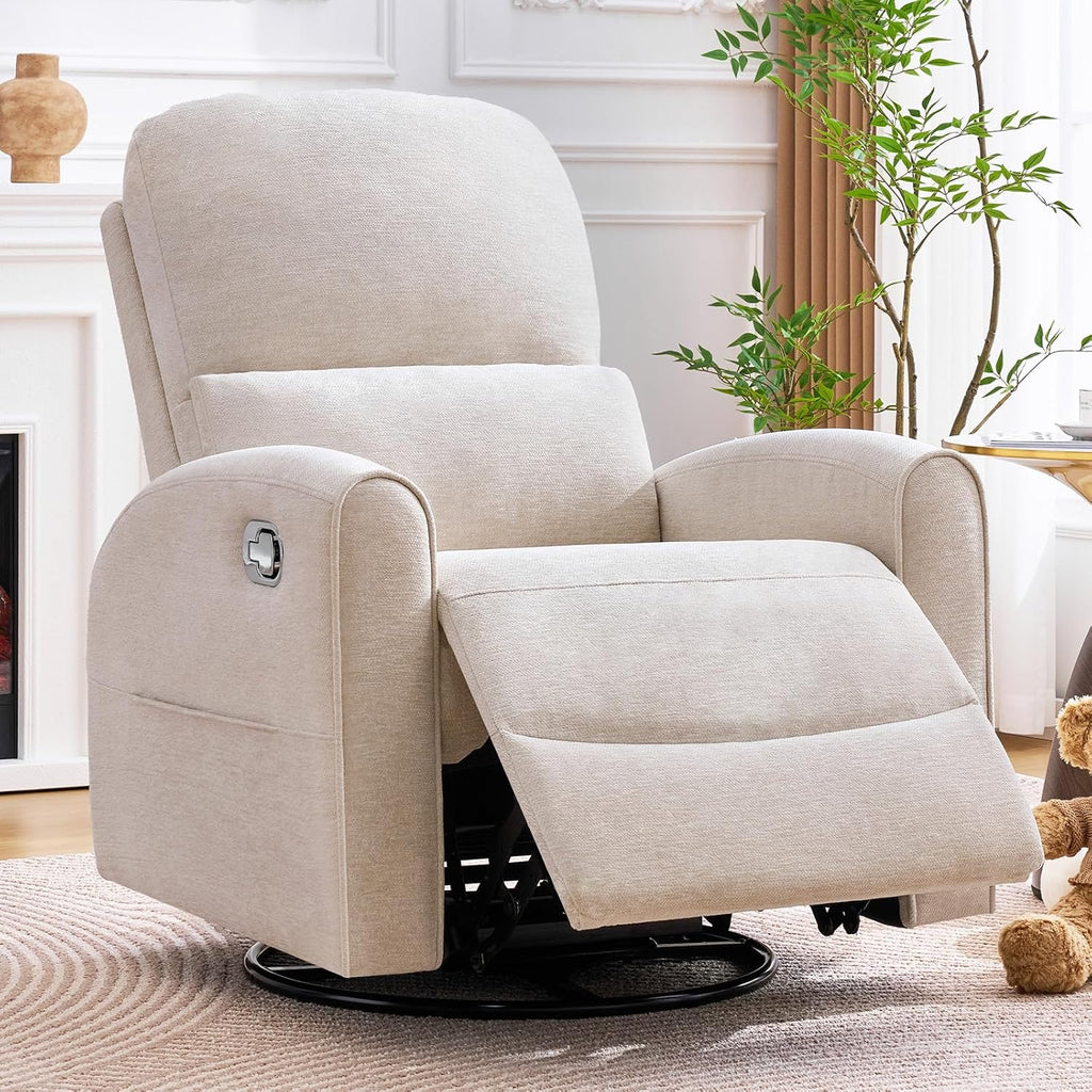 Swivel Rocker Recliner, Manual Swivel Glider Nursery Recliner Chair with Adjustable Headrest and Lumbar Support, Rocking Recling Chairs for Small Space, Living Room, Bedroom, Camel