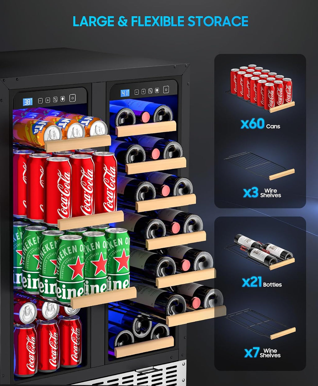 24 Inch Wine and Beverage Refrigerator with Glass Door, Dual Zone Wine Fridge Under Counter - 21 Bottle and 60 Can Large Capacity LED Blue Light Smart Fast Cooling Wine Cooler Drink Fridge