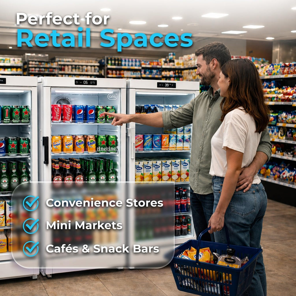 GRS Commercial Display Refrigerator with Glass Door Lock | Cool Air Flow & Temperature | Beverage fridge, Drink and Wine Cooler with Adjustable Display Shelf for Stores and Bars | Silver, 7.1 Cu. Ft