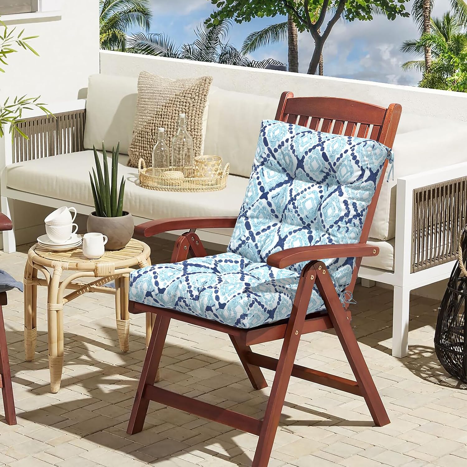 LVTXIII Outdoor Low Back Chair Cushions, Seasonal Replacement Adirondack Chair Cushion with Ties, Patio Waterproof Seat Cushions for Home Garden Use, 21 W x 21 D, Set of 2, Boho Geometry Blue