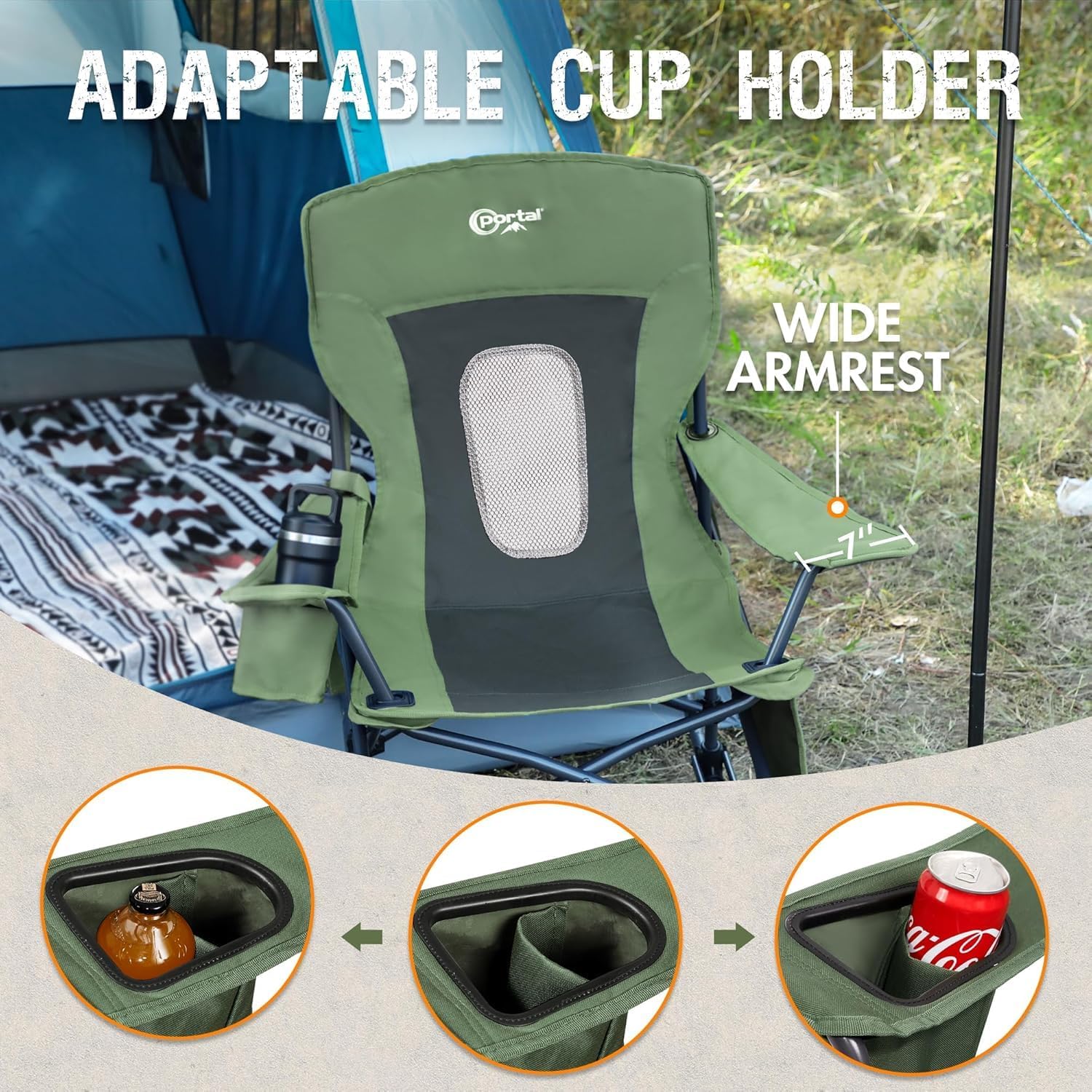 Portal Outdoor Rocking Chair Camping Folding Portable Rocker with Cup Holder Side Pocket Carry Bag, Support 350LBS (Mesh Green), 2 Pack