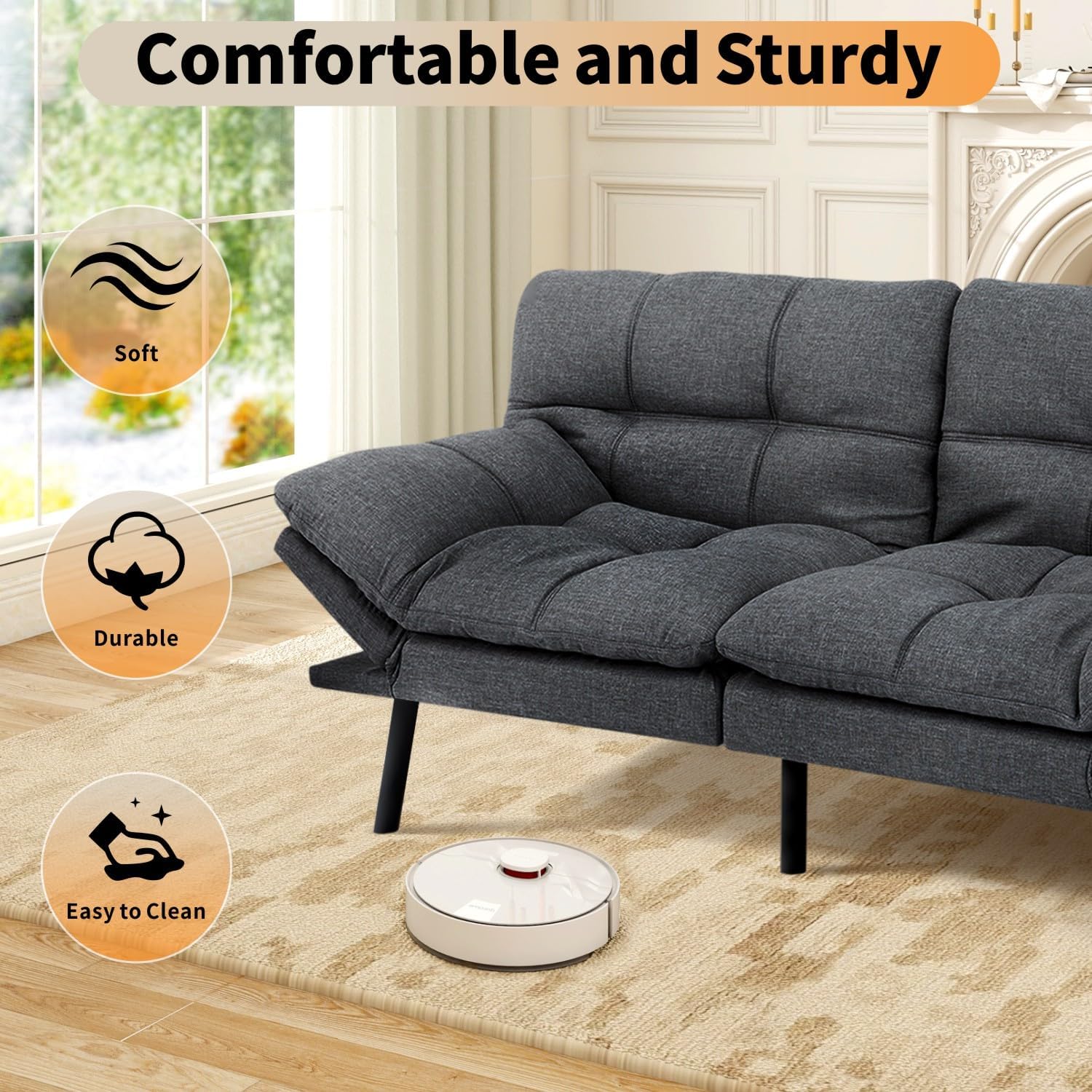 MUUEGM 71' Futon Sofa Bed, Cozy Convertible Loveseat Sleeper, Linen Fabric Couch with Adjustable Back & Arms for Living Room, Guest Room - Charcoal
