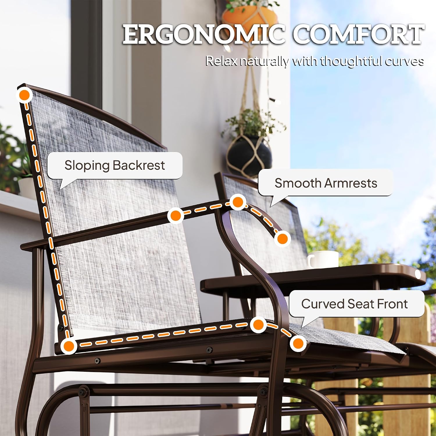Outsunny Outdoor Glider Bench with Center Table, Metal Frame Patio Loveseat with Breathable Mesh Fabric and Armrests for Backyard Garden Porch, Gray