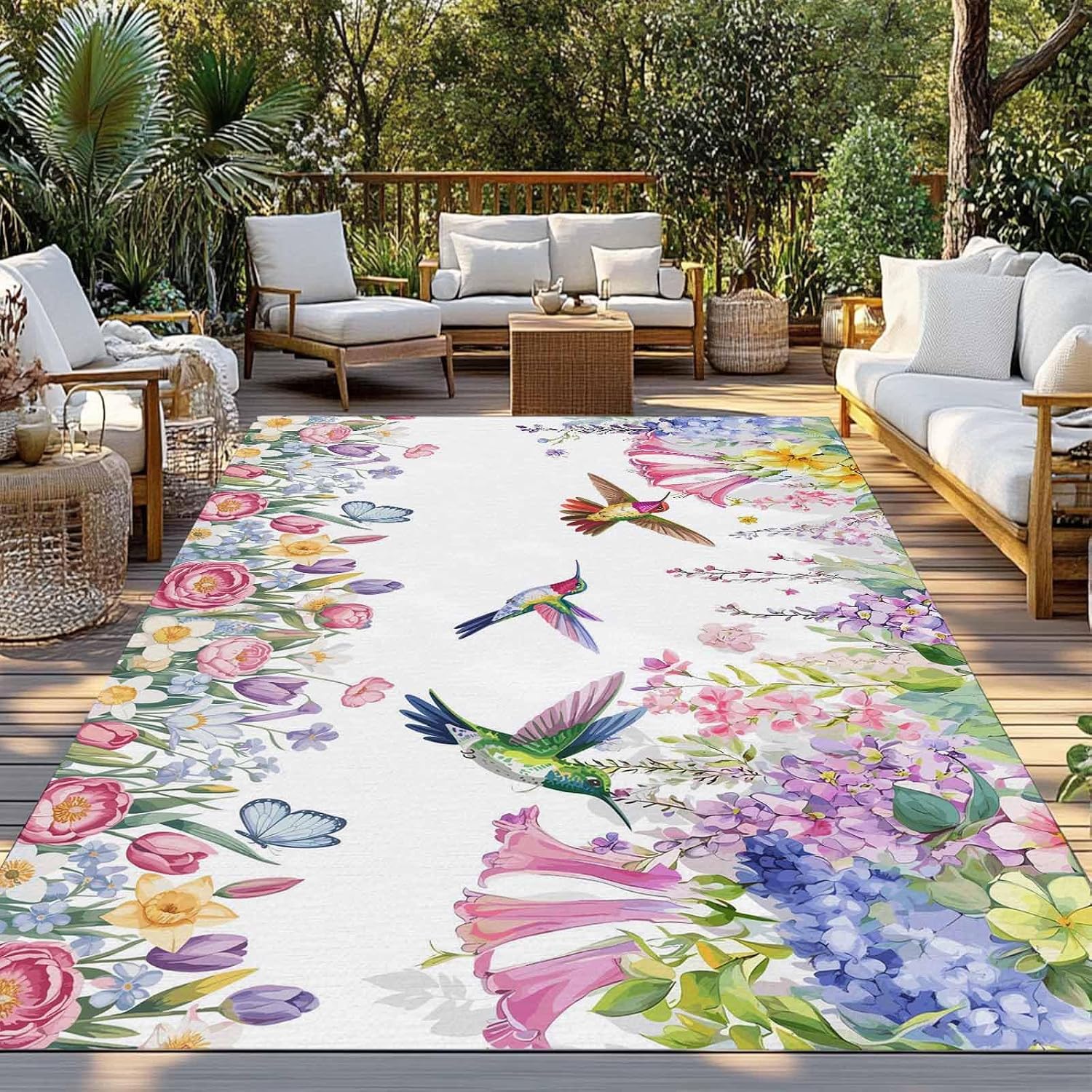 Watercolor Flowers Outdoor Rug for Patio/Deck/Porch, Non-Slip Large Area Rug 4 x 6 Ft, Spring Hummingbird Butterflly Floral Indoor Outdoor Rugs Washable Area Rugs, Reversible Camping Rug Carpet Runner