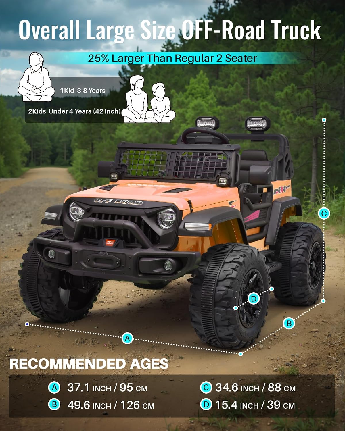 Blitzshark 24V MAX Ride-on Truck 2 Seater 4WD Kids Electric Vehicle 4x4 XXL Battery Powered Car, with 480W Ultra Powerful Motor, 7AH Battery, Remote Control, Full-Metal Suspension& DIY Sticker, Golden