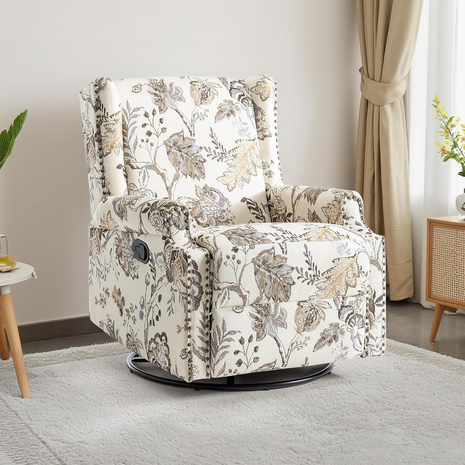 Swivel Rocker Recliner Chair, 360° Swivel Wingback Recliner Chairs for Adults, Upholstered Printed Fabric Glider Rocking Chair with High Back, Deep Seat for Living Romm Bedroom, Plants Beige