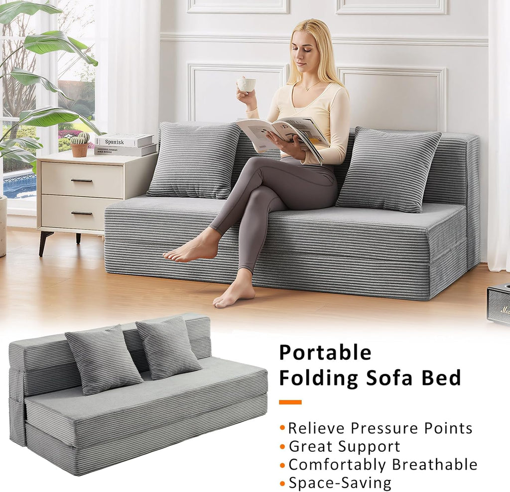 JKMAX Queen Size Folding Sofa Bed - 4 in 1 Convertible Sleeper Chair with Two Pillows - High Density Memory Foam Futon Couch - Foldable Bed for Living Room Bedroom (Dark Grey)