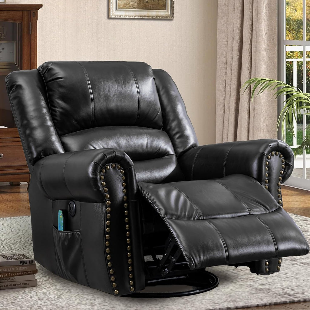 Manual Massage Recliner with Heating Function, 360° Swivel Glider Rocking Recliner Chair for Living Room, Ergonomic Single Sofa Chair with Remote Control/USB Ports/Side Pockets(Black)