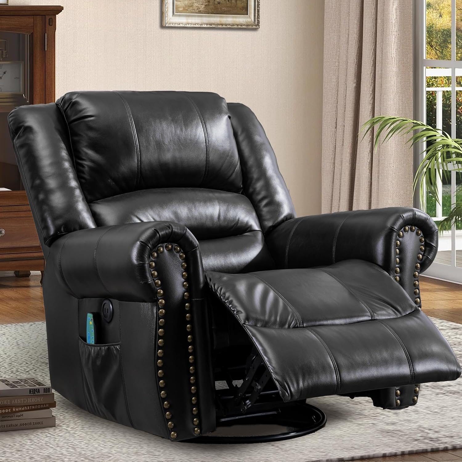 Manual Massage Recliner with Heating Function, 360° Swivel Glider Rocking Recliner Chair for Living Room, Ergonomic Single Sofa Chair with Remote Control/USB Ports/Side Pockets(Black)