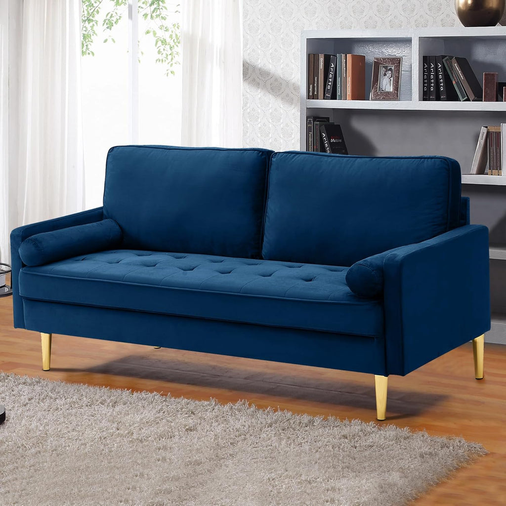 67' Modern Velvet Loveseat Sofa Couch, Mid-Century Tufted Upholstered Small Love Seat Couch with 2 Pillows & 4 Golden Legs, 2-Seats Couches for Compact Space, Living Room, Apartment (Navy)