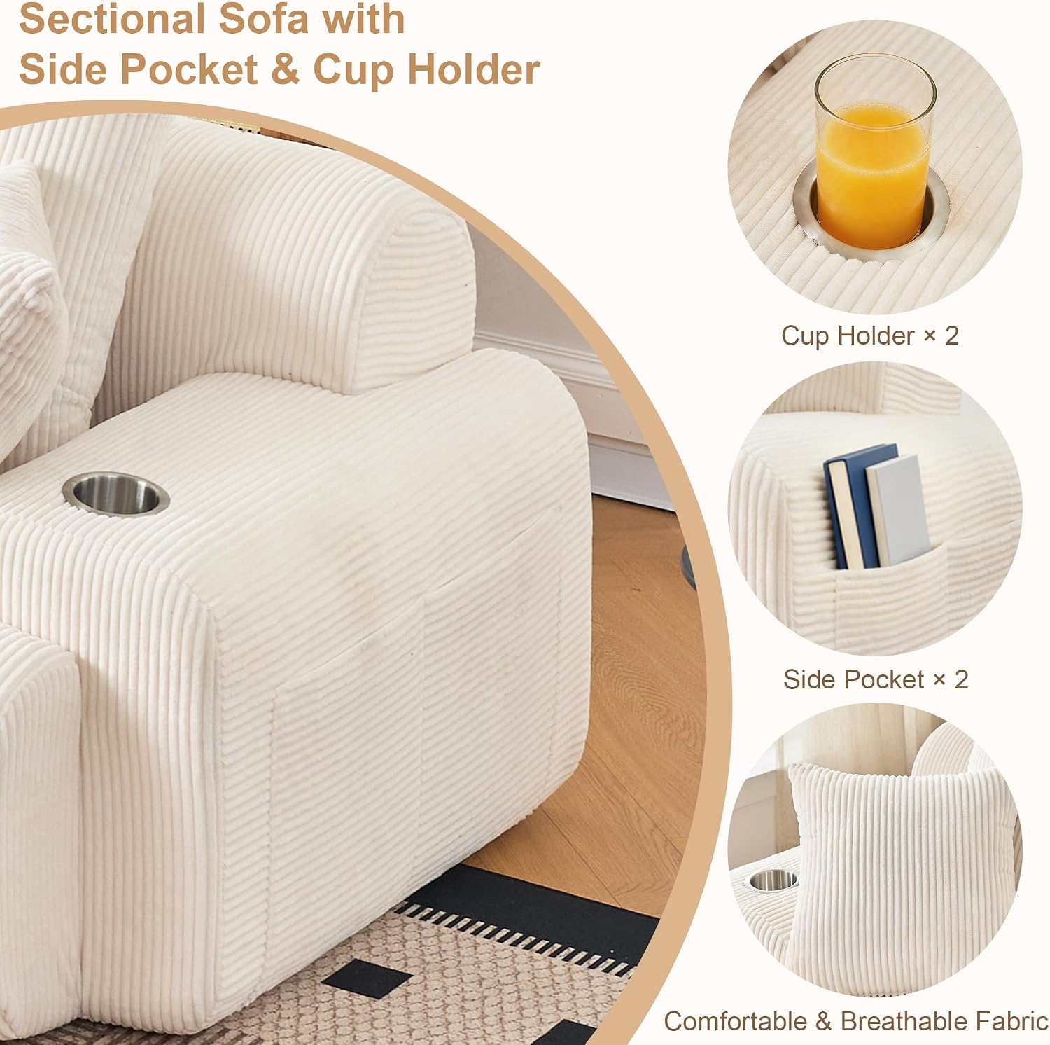 118' Modular Sectional Sofa with Cup Holders, Modern Boneless Sectional Couch with Side Storage Pockets and Movable Ottoman, Oversized L-Shape Couch for Living Room Bedroom, Apartments, White