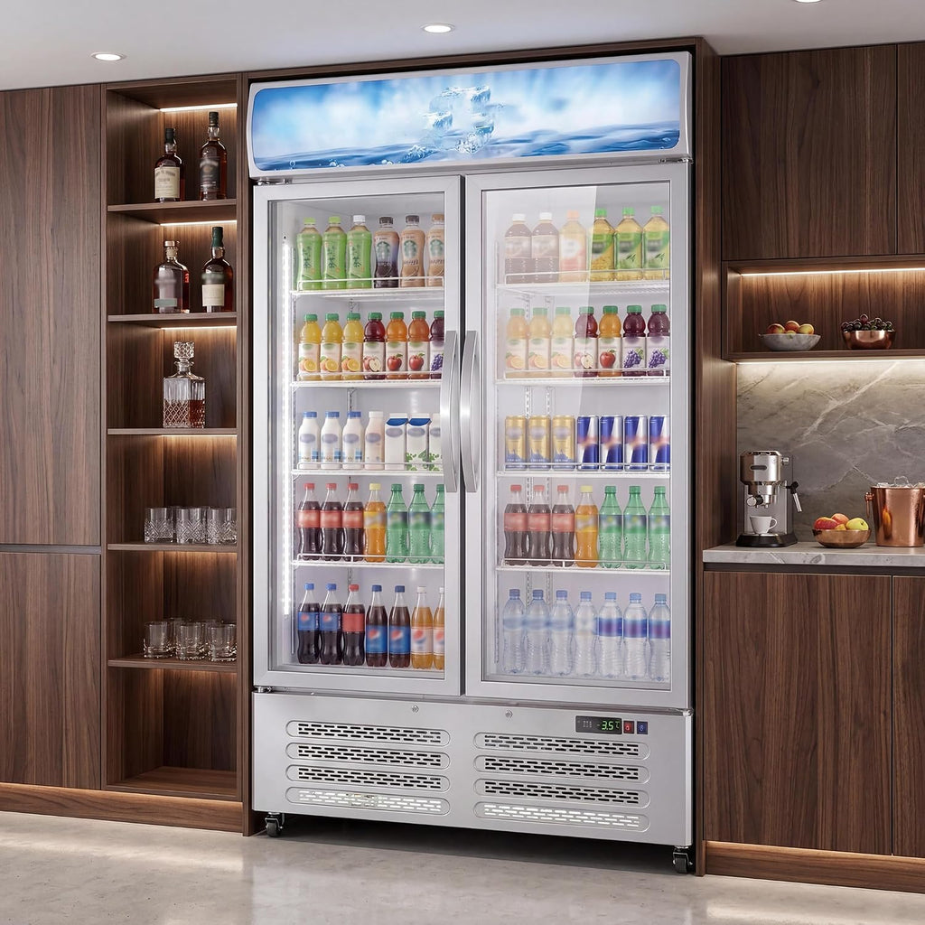 GAOMON Commercial Merchandiser Refrigerator - 25.3 Cu Ft Beverage Cooler with Glass Doors, LED Lightbox & Universal Casters for Convenience Stores, Bars, White