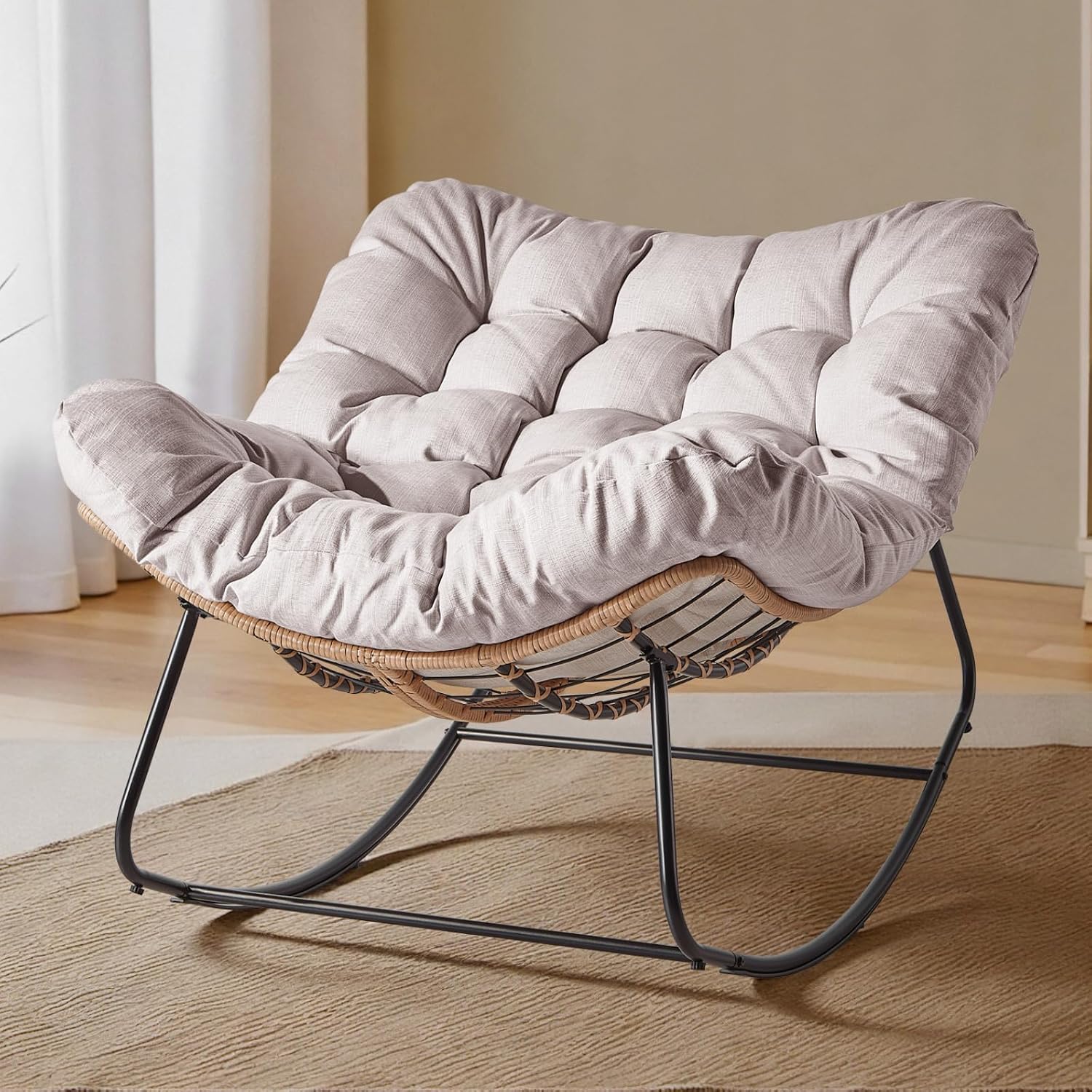 Outdoor Rocking Chair, Oversized Patio Papasan Wicker Chair with Cushion Indoor Egg Chair for Bedroom, Living Room, Porch, Garden, Lawn (Beige)