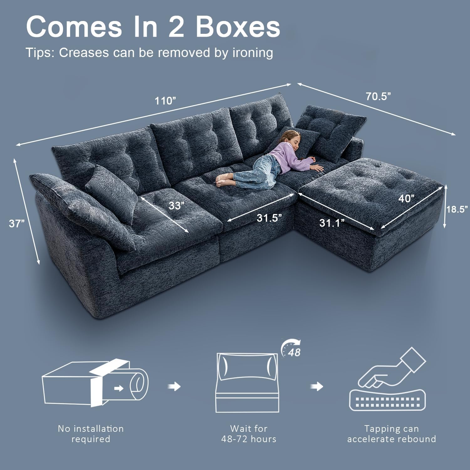 110' Cloud Sectional Couches L-Shaped Modular Boneless Chenille Sofa Couches with Deep Seat Ottoman and Side Pockets, Module Combination for Living Room 3 Seater