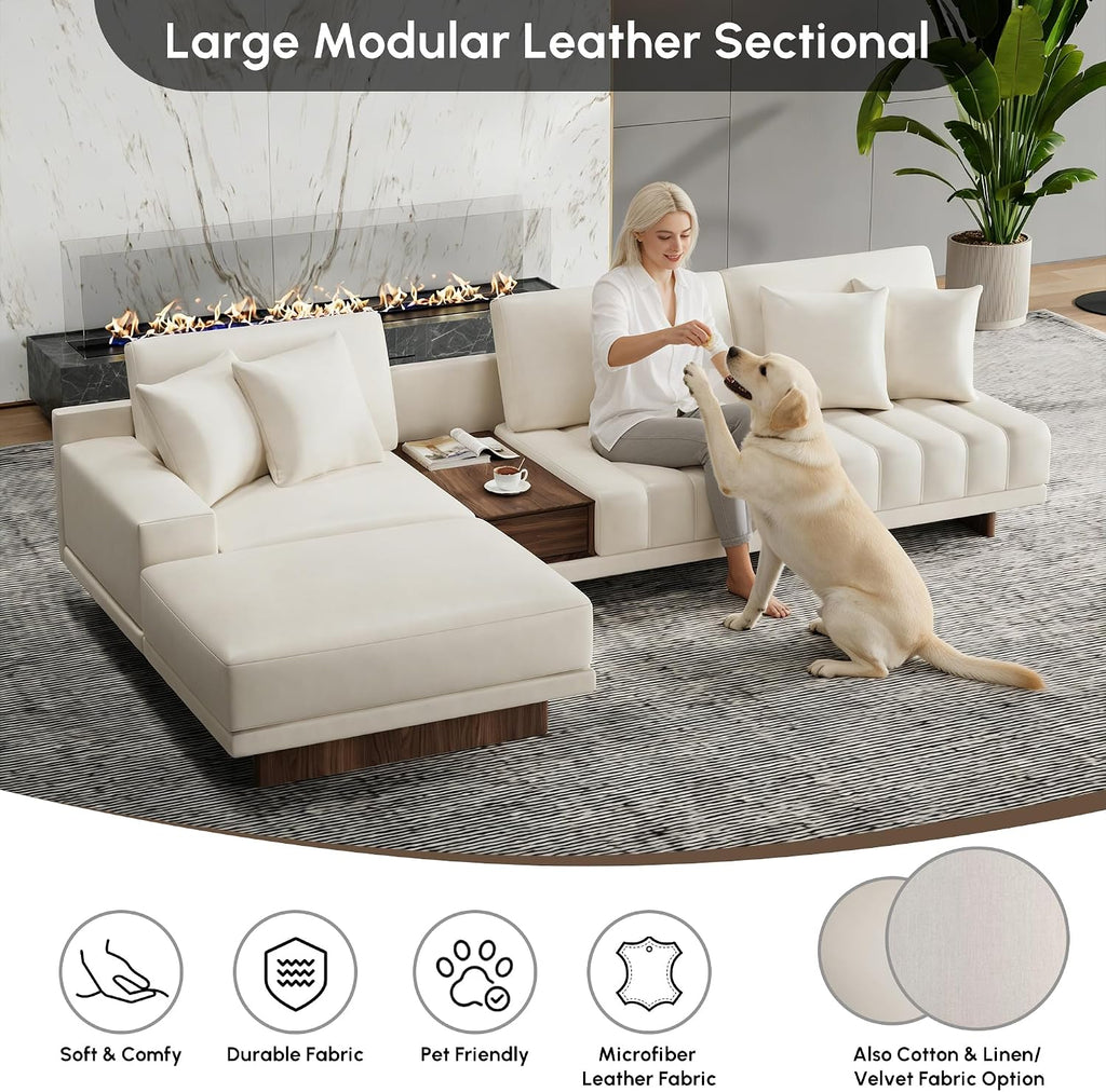 homary Leather Sectional Sofa – 126' Oversized L-Shaped Modular Couch with Storage Table & Ottoman, White Sofa for Modern Living Room or Family Space (Microfiber Leather, Ivory)