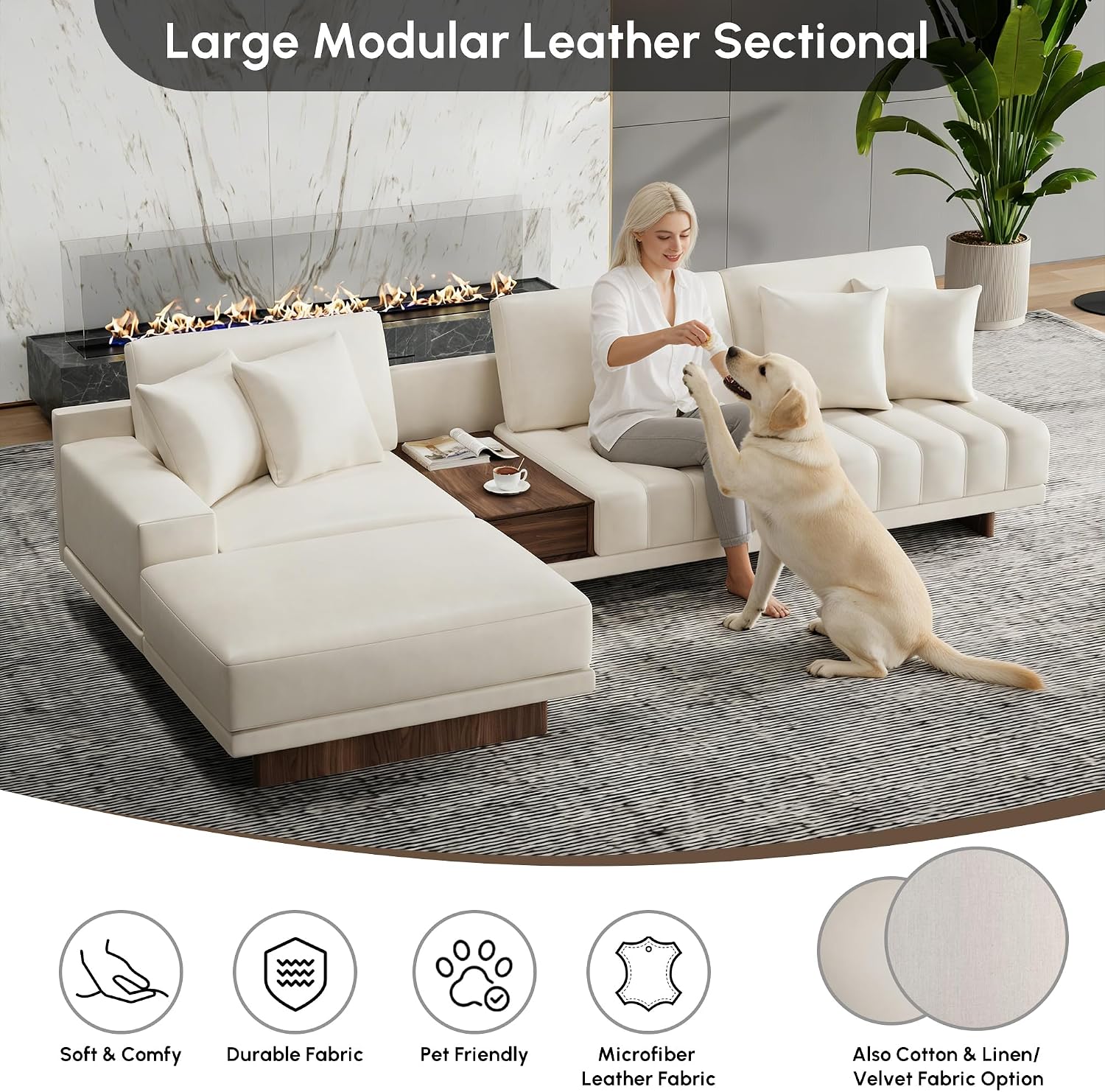homary Leather Sectional Sofa – 126' Oversized L-Shaped Modular Couch with Storage Table & Ottoman, White Sofa for Modern Living Room or Family Space (Microfiber Leather, Ivory)