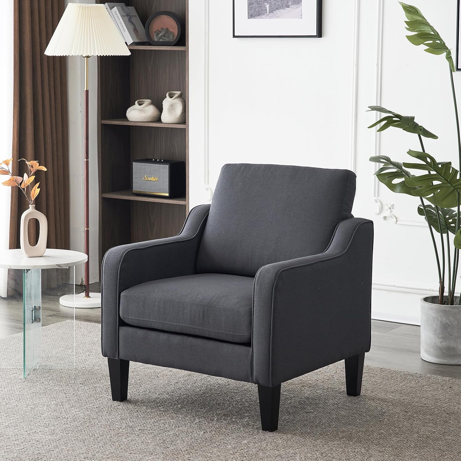 VINGLI Accent Chairs Set of 2 Living Room Chairs Dark Grey Reading Chair for Bedroom Scooped Arm Chair Mid Century Modern Linen Chairs Upholstered Comfy Chair for Apartment, Waiting Room