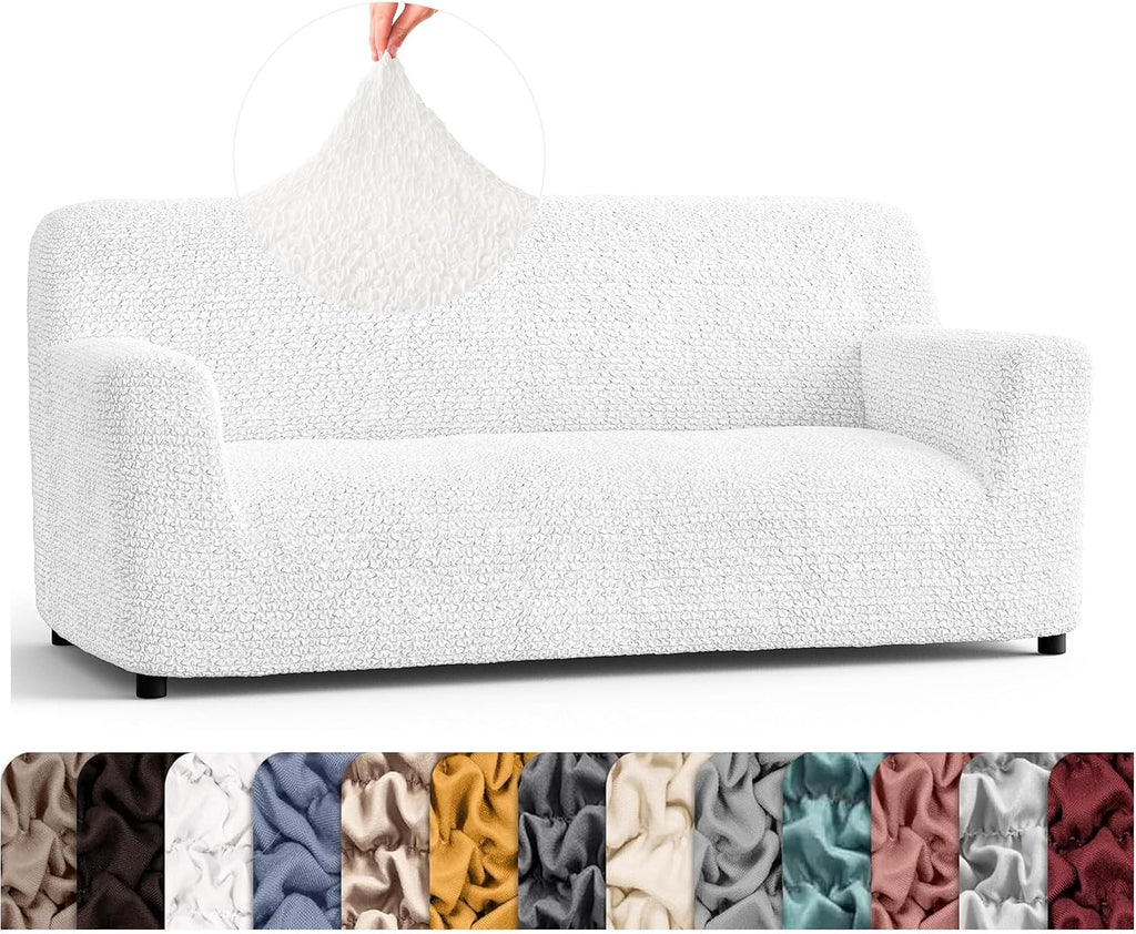 PAULATO BY GA.I.CO. Stretch Sofa Slipcover 1-Piece Elastic Couch Covers for 3-Seater & 4-Seater Sofa Loveseat Armchair Non-Slip Cover Machine Washable Protector – Crisp White (64'-85' Wide)
