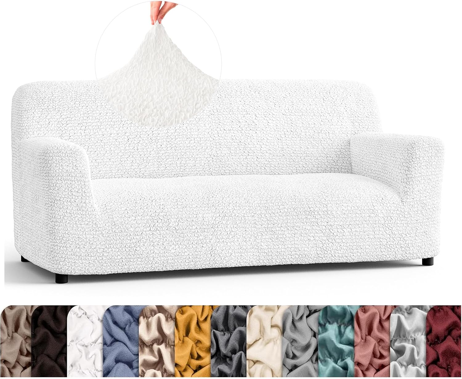 PAULATO BY GA.I.CO. Stretch Sofa Slipcover 1-Piece Elastic Couch Covers for 3-Seater & 4-Seater Sofa Loveseat Armchair Non-Slip Cover Machine Washable Protector – Crisp White (64'-85' Wide)