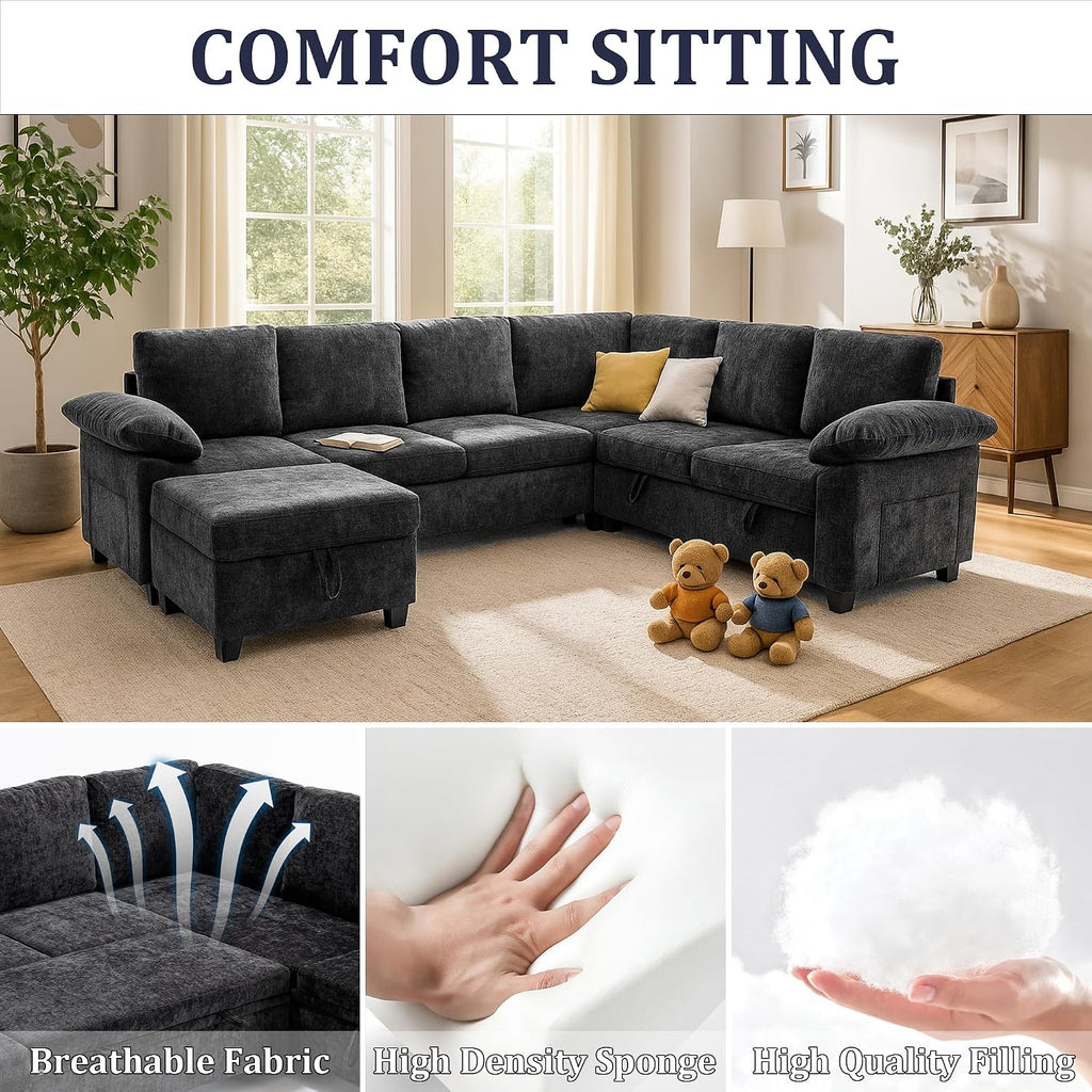 86 Inch Sectional Sleeper L Shaped Sofa with Pull Out Bed, Modular Sectional Sofa with Storage, Modern Chenille Cloud Couch, Sectional Couches for Living Room, Black