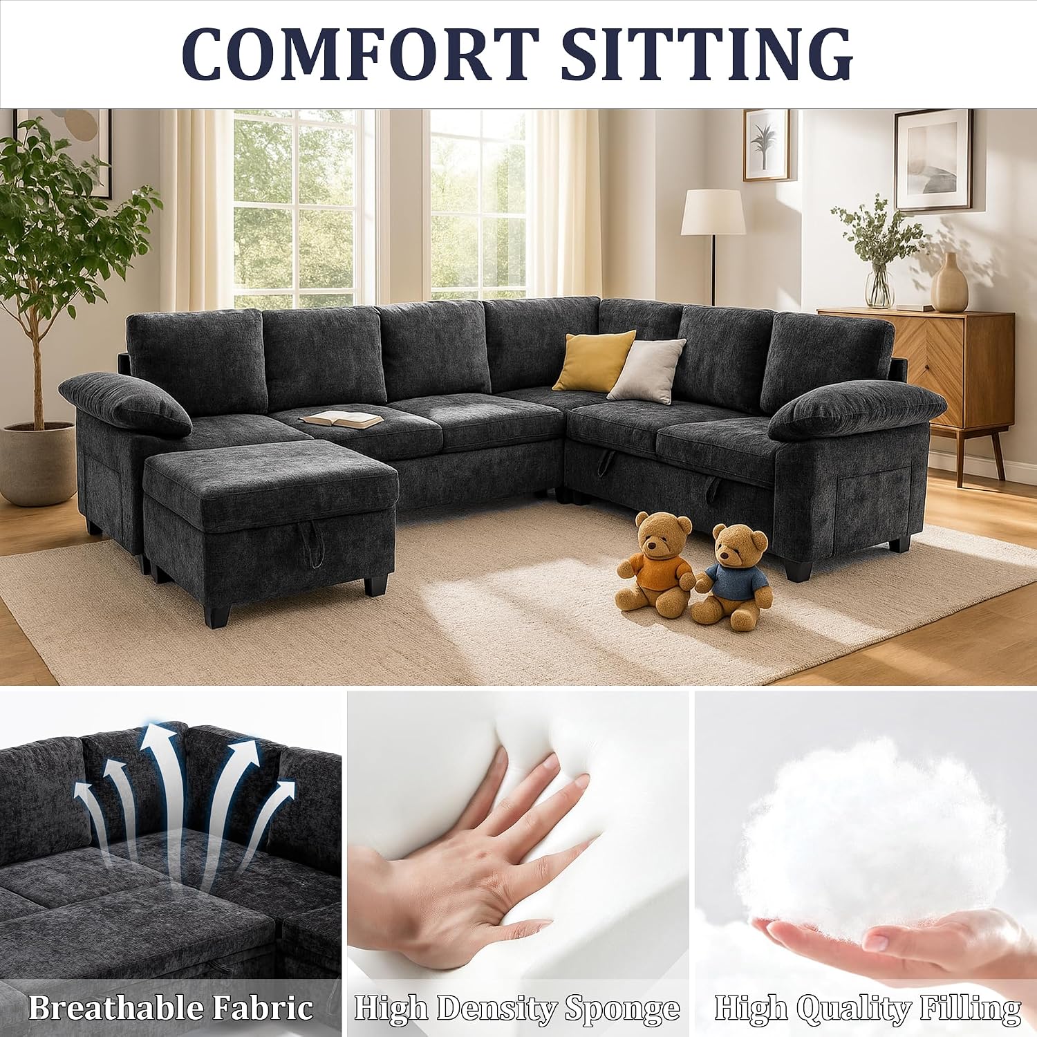 86 Inch Sectional Sleeper L Shaped Sofa with Pull Out Bed, Modular Sectional Sofa with Storage, Modern Chenille Cloud Couch, Sectional Couches for Living Room, Black