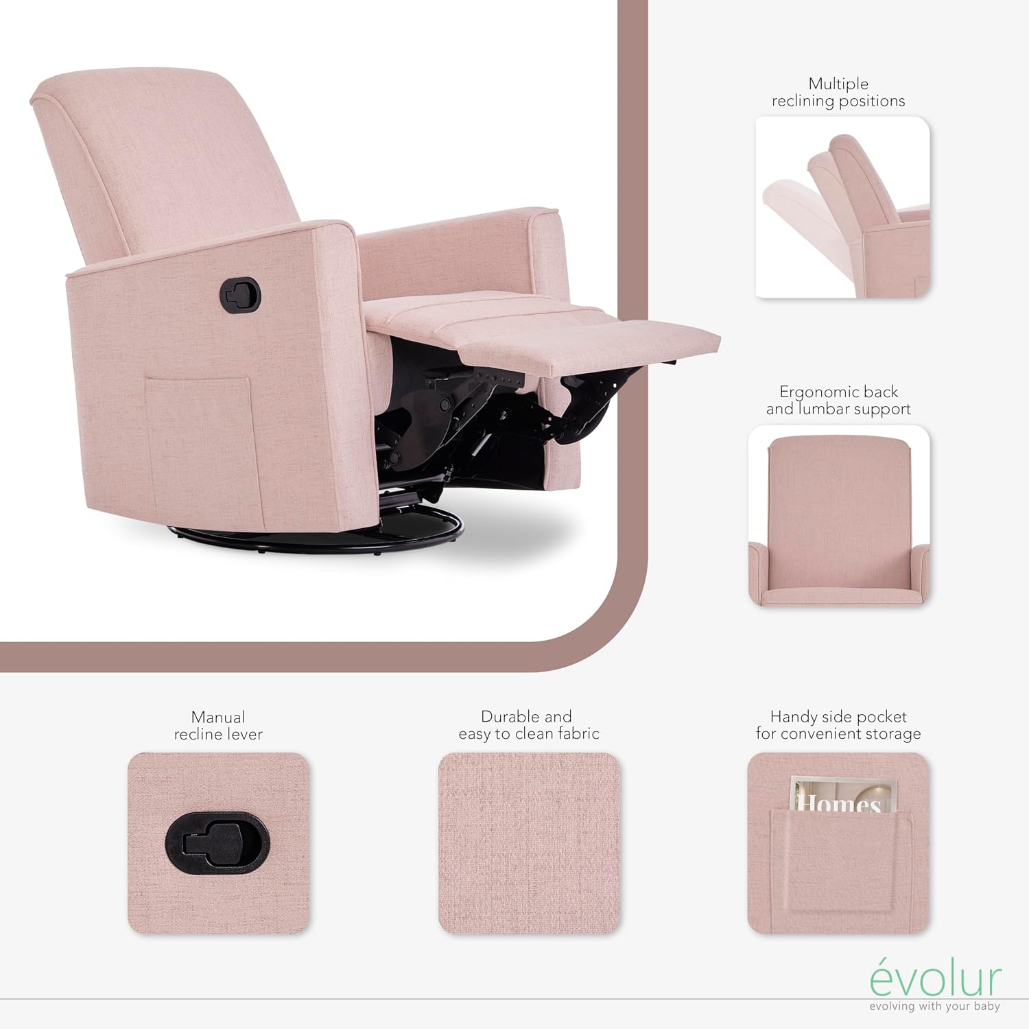 évolur Raleigh Upholstered Manual Glider Recliner– Rocking & 360° Swivel with Smooth Glide – Greenguard Gold & FSC Certified – Modern Nursery and Living Room Chair in Rose