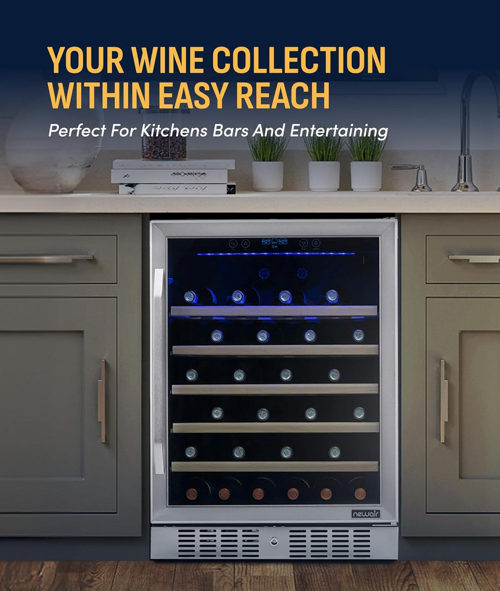 NewAir 24' Wine Fridge for 52 Bottles | Built-In or Freestanding Wine Cooler Refrigerator with Glass Door | Precision Cooling, Slide-Out Shelves & Quiet Compressor System | Stainless Steel