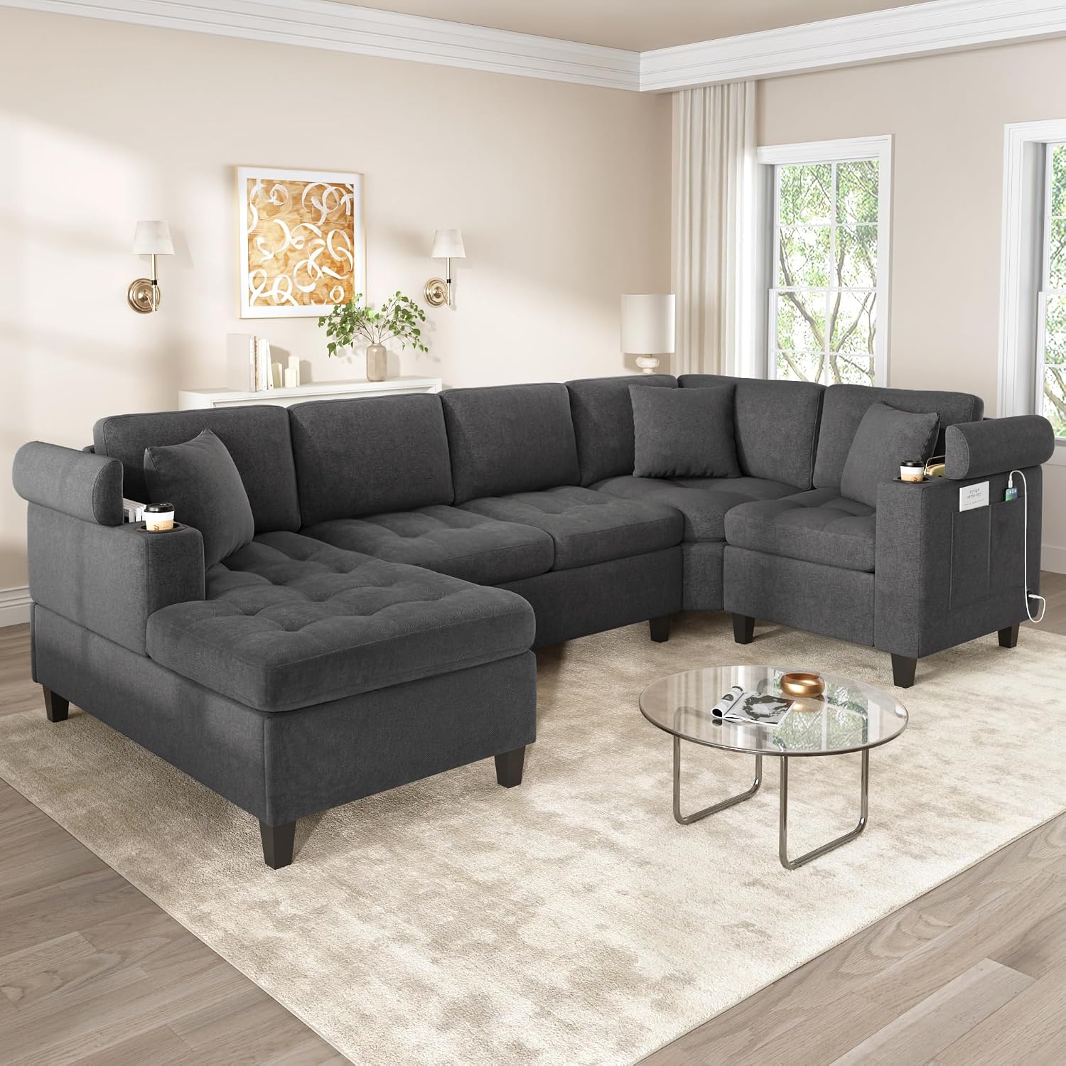 Merax 115.7' U-Shaped Chenille Sectional Sofa, 4 Seat Corner Couch Oversized with Built-in Cup Holders, 3 Pillows, Storage Space for Living Room, Grey