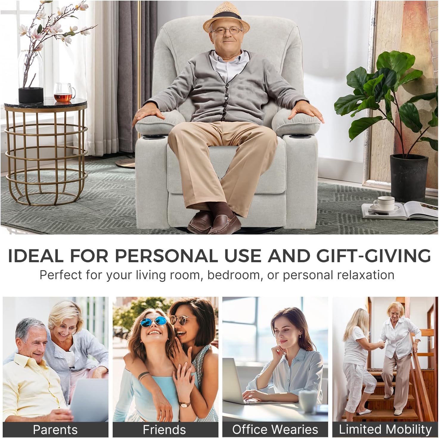 Recliner Chair Power Control, Nursery Reclining & Rocking Chair and Glider, Massage Swivel Living Room Furniture for Small Spaces, Bedroom, RVS, Lounge Sofa Chairs with USB & Type C Ports, Light Gray