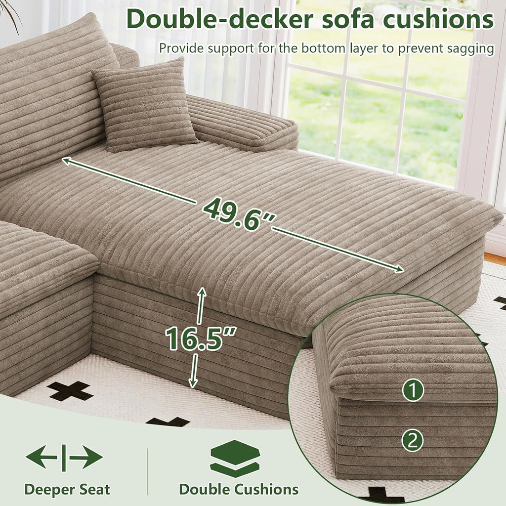 107' Cloud Couch Modular Sectional Sofa for Living Room, U-Shape Boneless Couch with Deep Seat, Modern Corduroy 3-Seater with Ottoman, No Assembly Required (Camel,Right-Facing Chaise)