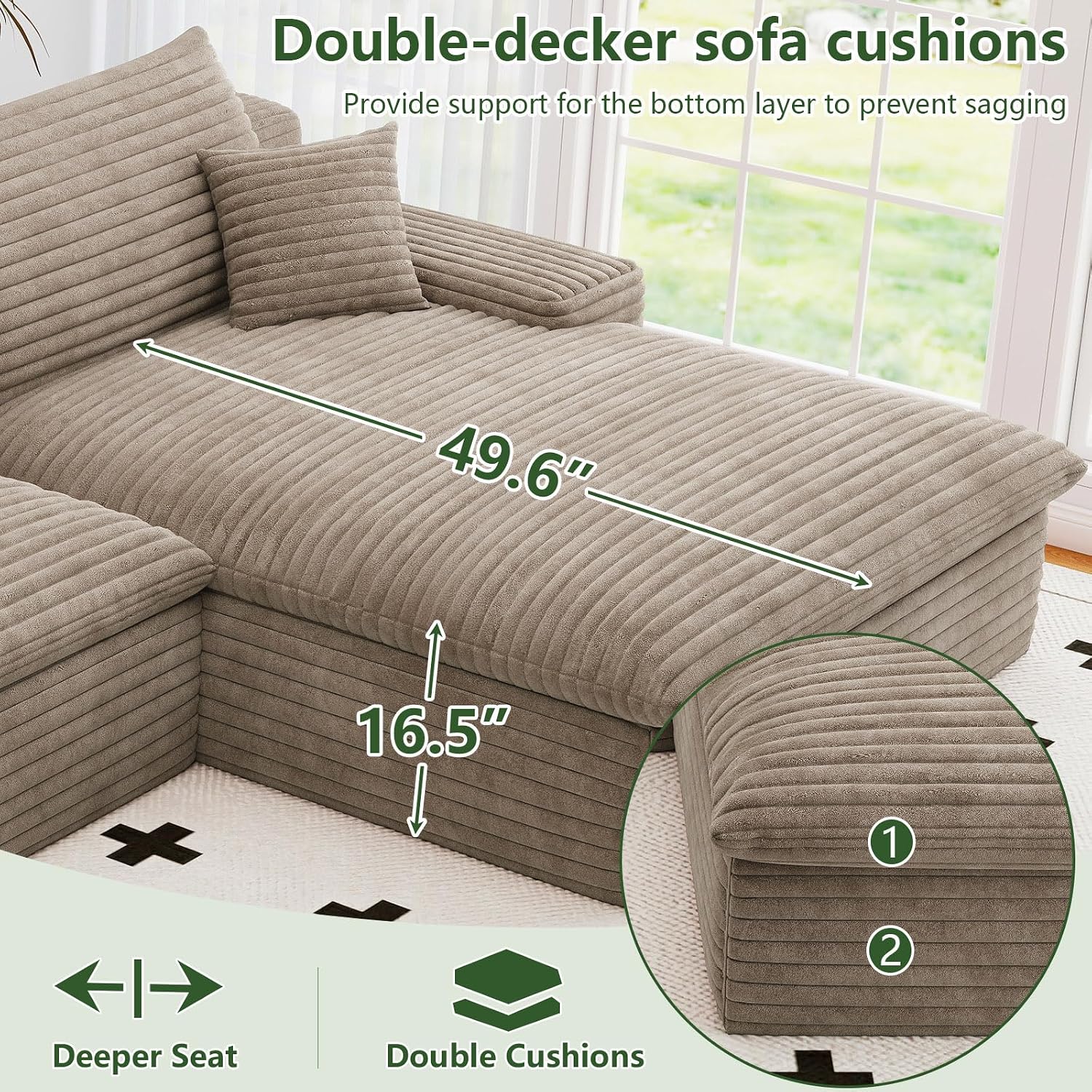107' Cloud Couch Modular Sectional Sofa for Living Room, U-Shape Boneless Couch with Deep Seat, Modern Corduroy 3-Seater with Ottoman, No Assembly Required (Camel,Right-Facing Chaise)