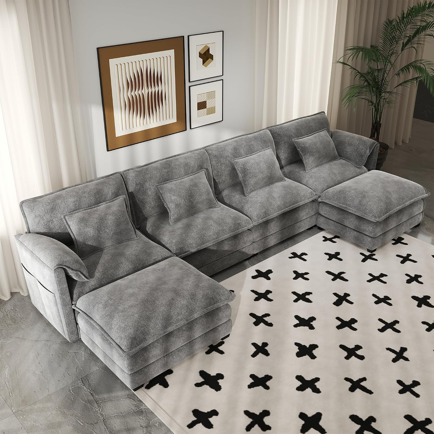 Real Relax 145'' Modular Sectional Sofa, U Shaped Chenille Convertible Couch with Movable Ottoman, 8 Pillows and 2 Armrest Pillows for Living Room, Office and Leisure Places, Dark Gray