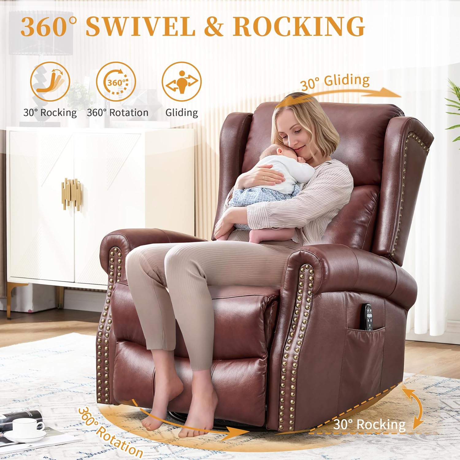 360° Swivel Glider Chair for Nursery, Wingback Genuine Leather Rocking Recliner with Lumbar Heat & Massage, 8-Point Vibration Massage for Living Room Bedroom