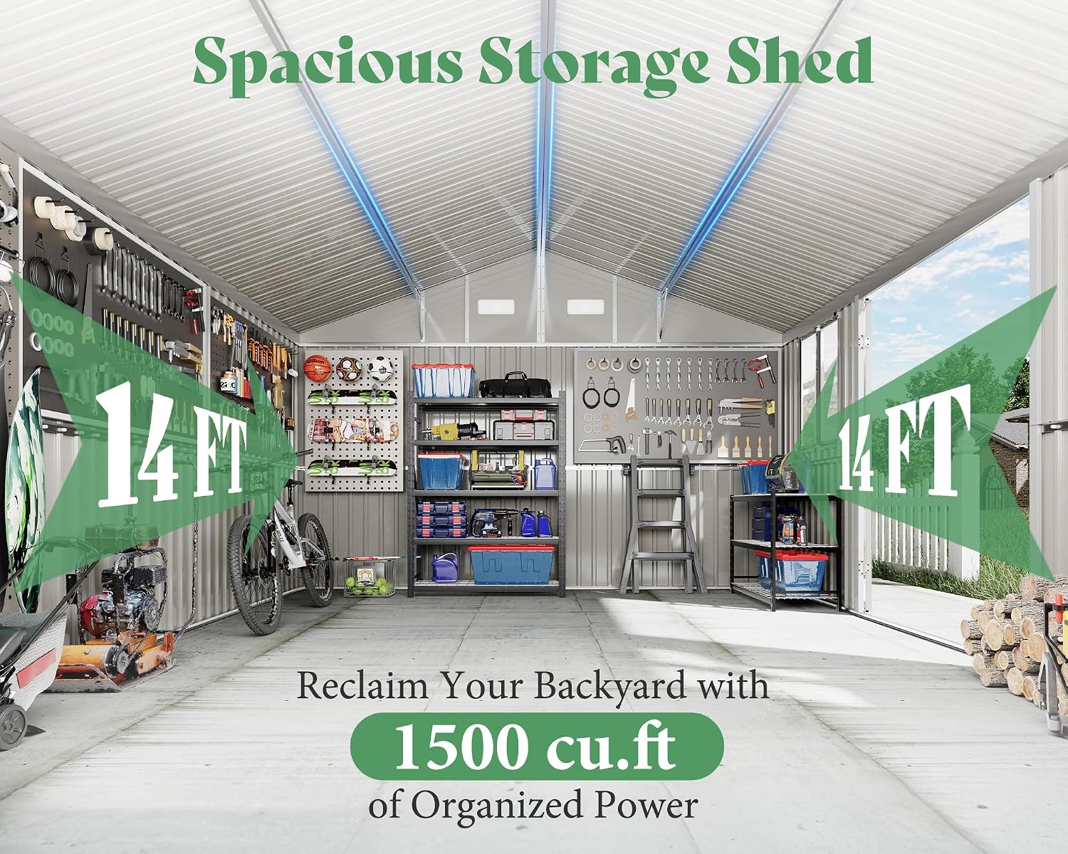 VanAcc 12 x 14FT Outdoor Storage Shed with a Lockable Hinged Door and 2 Windows, Nordic Cottage Metal Shed for Backyard, Garden, Patio, Dark Grey/White