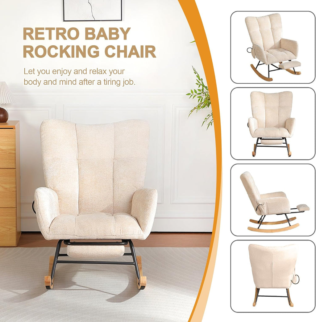 Nursery Rocking Chair with Airbag, Comfy Modern Rocking Reading Chair Indoor with Footrest, Cozy Upholstered Glider Rocker Chairs for Living Room Bedroom Offices, (Chenille, Beige)