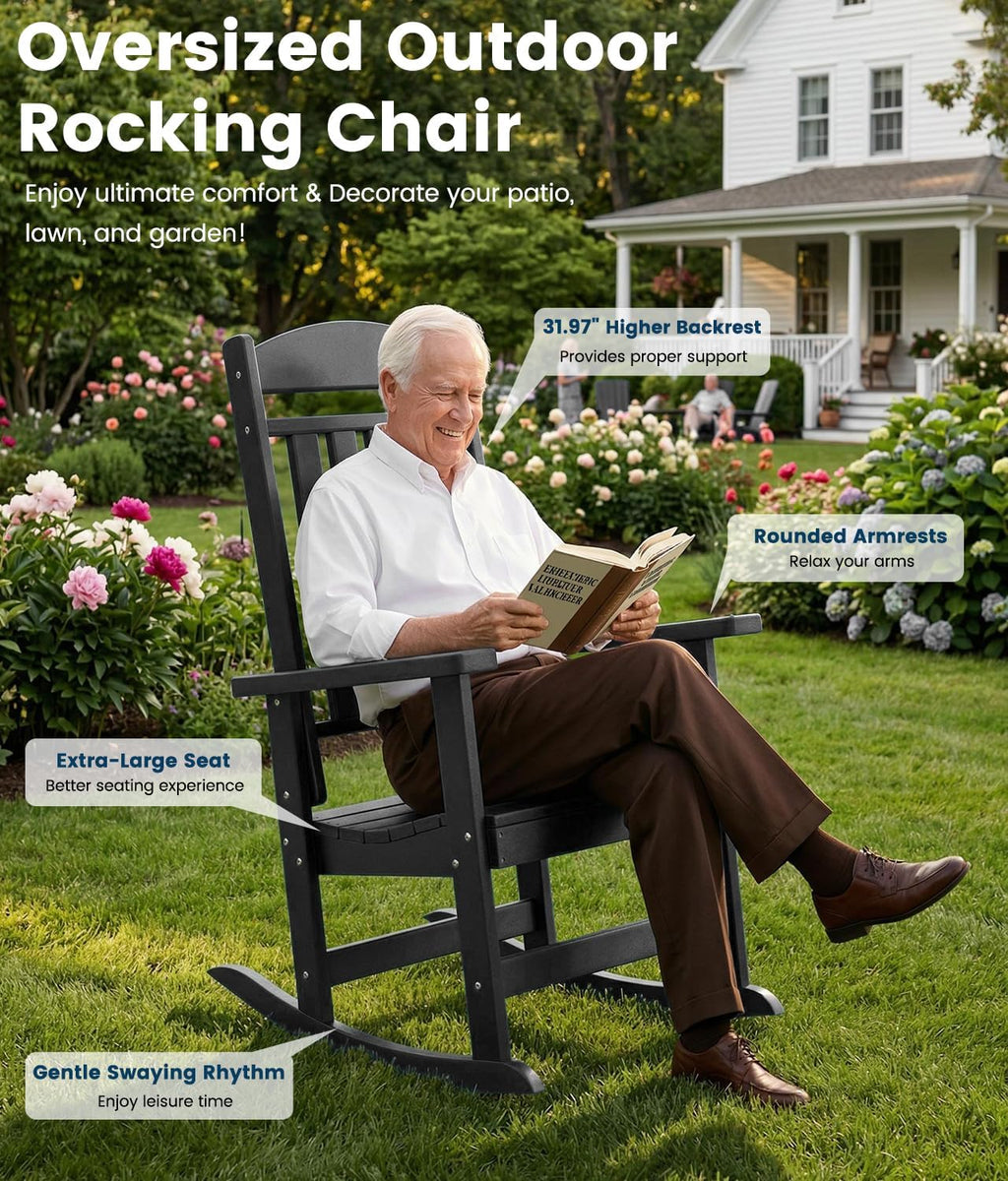 FOOWIN Outdoor Rocking Chair Set of 8, High Back Patio Rocking Chair, HDPE All Weather Resistant Porch Rocker for Adult, Oversized Rocking Chairs for Garden, Lawn, Indoor & Outdoor Use, Black