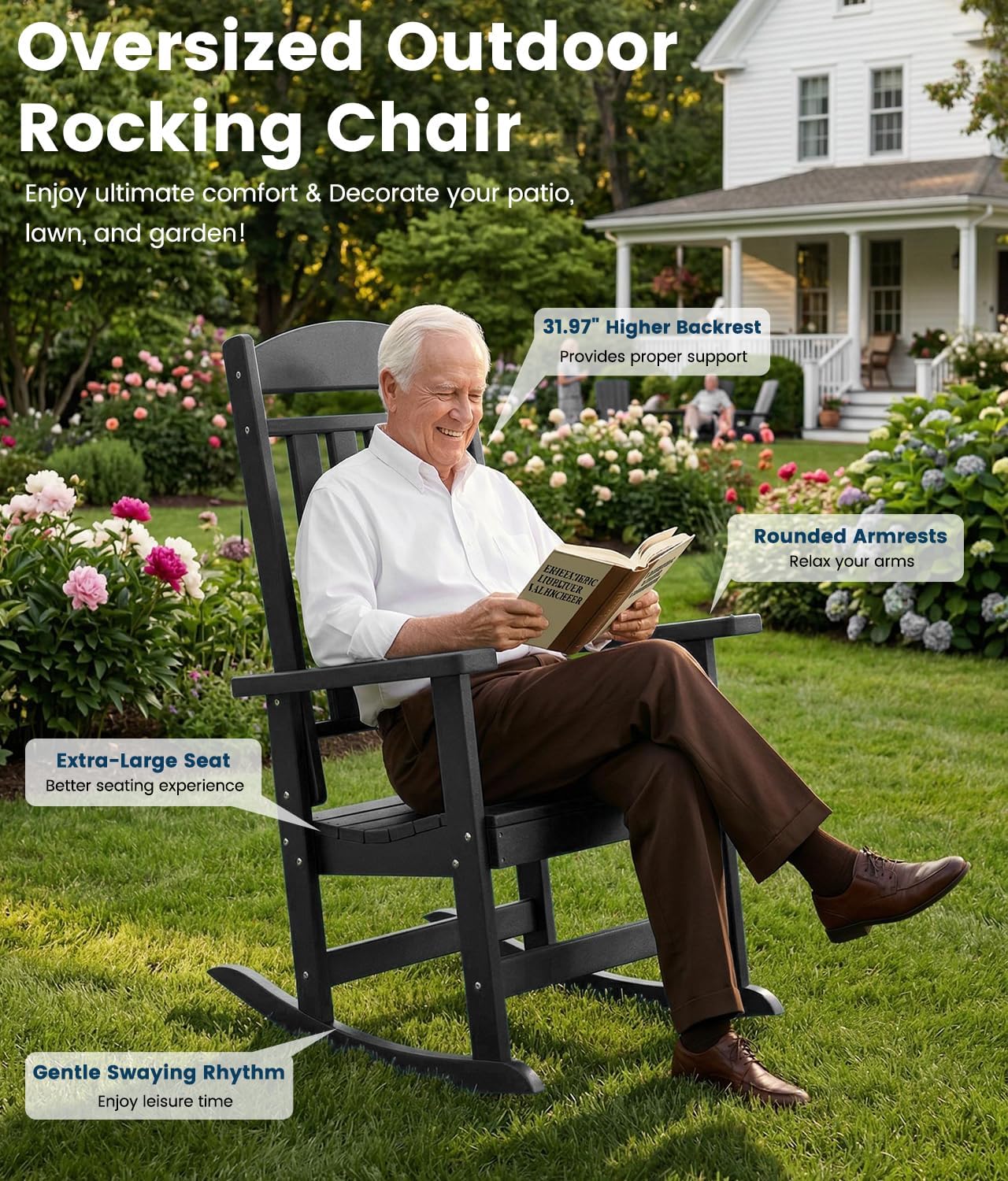 FOOWIN Outdoor Rocking Chair Set of 4,High Back Patio Rocking Chair, HDPE All Weather Resistant Porch Rocker for Adult, Oversized Rocking Chairs for Garden, Lawn, Indoor & Outdoor Use, Black
