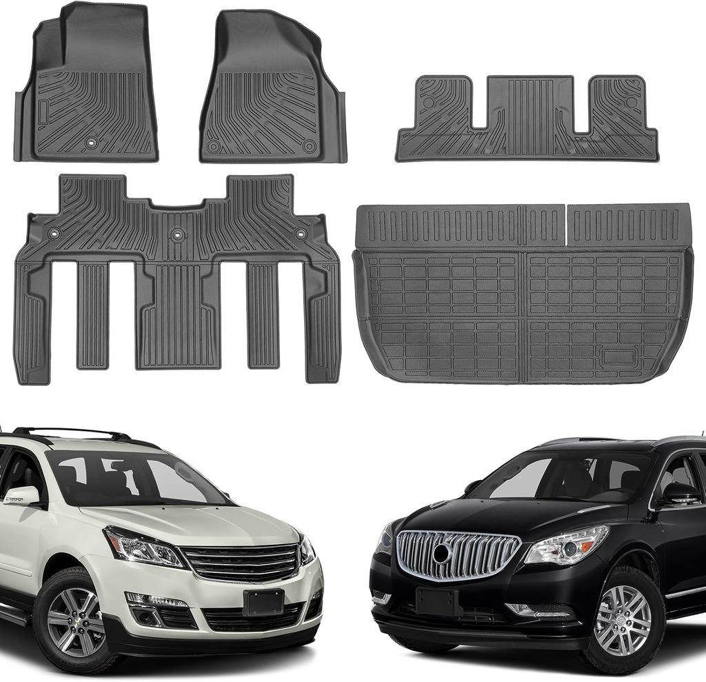 Floor Mats & Cargo Liner for Chevy Traverse 2009-2017 & Buick Enclave 2008-2017, Custom Fit All Weather TPE Floor Liners for Traverse & Enclave 7 Seats Accessories 3 Rows and Cargo Liner Set