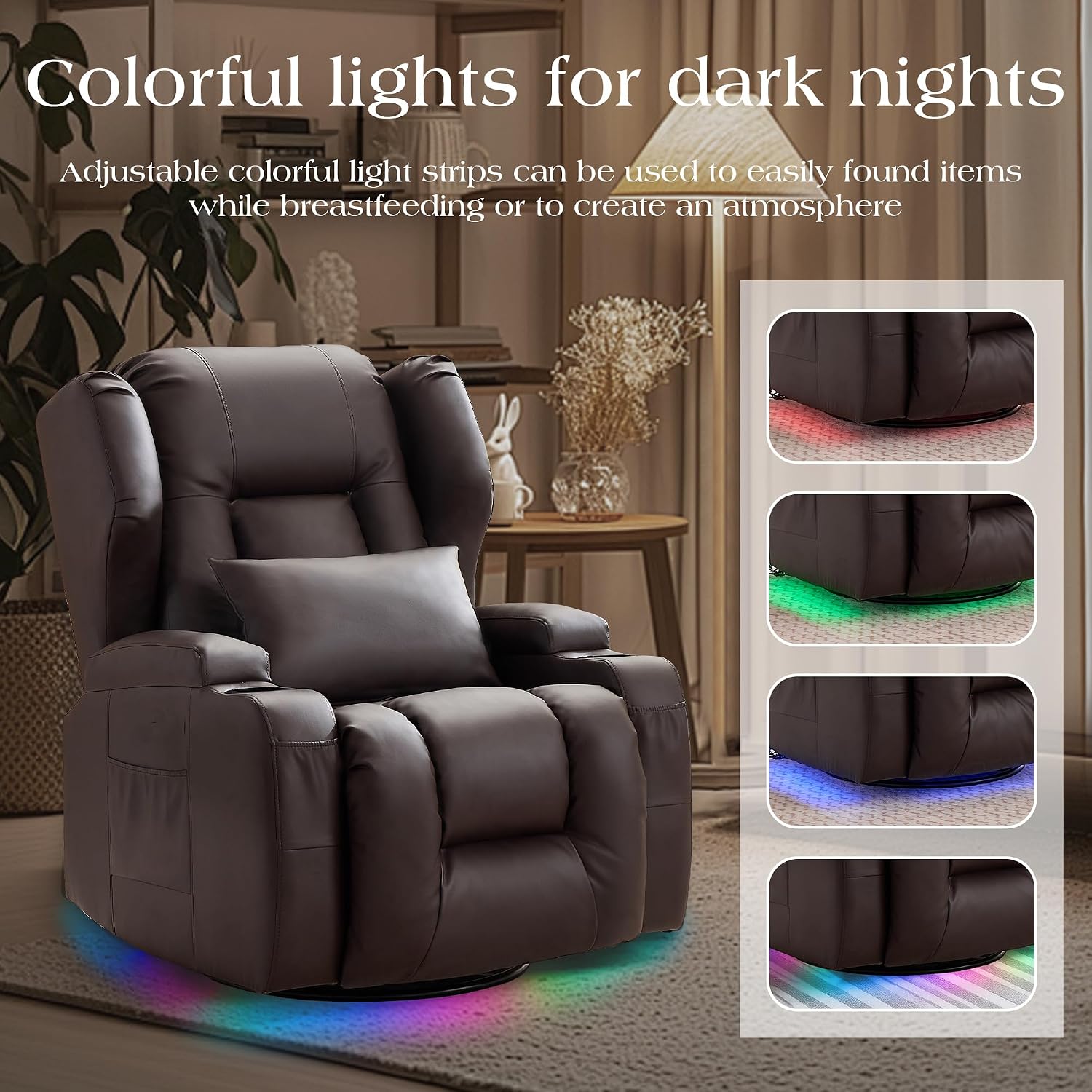 TUNYI Power Recliner Chair - Faux Leather Home Theater Seating Glider Reclining Sofa with Massage & Heat Swivel Rocker Recliner Chair for Living Room with LED Light/USB Port/Lumbar Pillow (PUBrown)