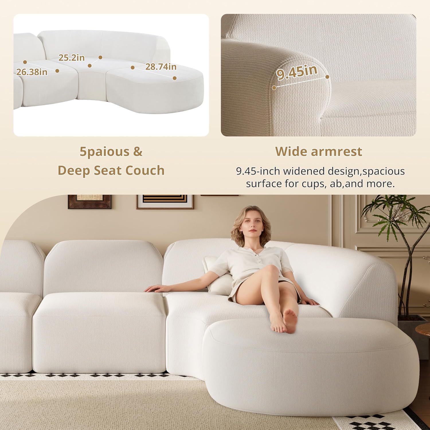 Merax Modern Curved Sectional Sofa with Ottoman, Couch 4-Piece Set High-Density Compressed Sponge, Fully Assembled, Right Hand Facing, Plush Deep Seat for Living Room, Lounge, Apartment, Beige