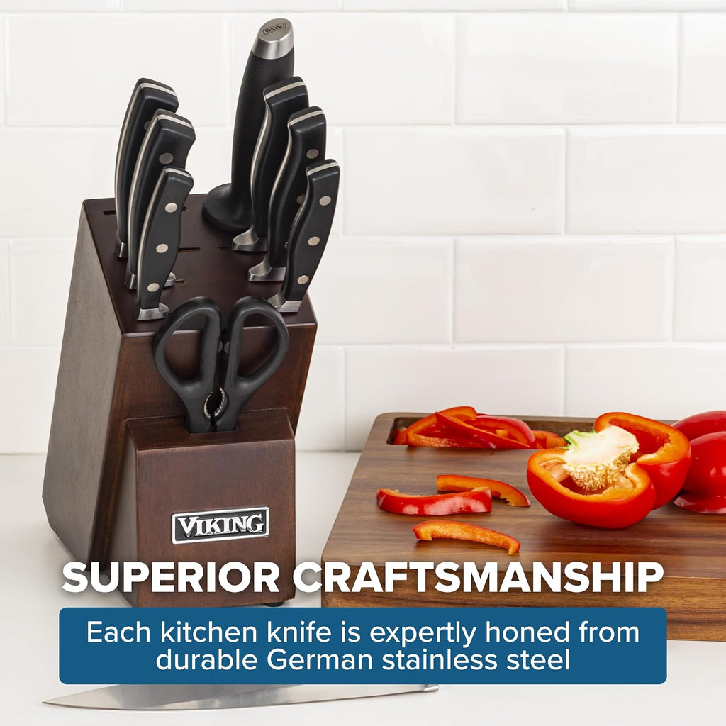 Viking Kitchen Knives Set, 10 Piece Full Forged Cutlery Set with Walnut Knife Block, Stainless Steel Blades and Ergonomic Handles, Dishwasher Safe