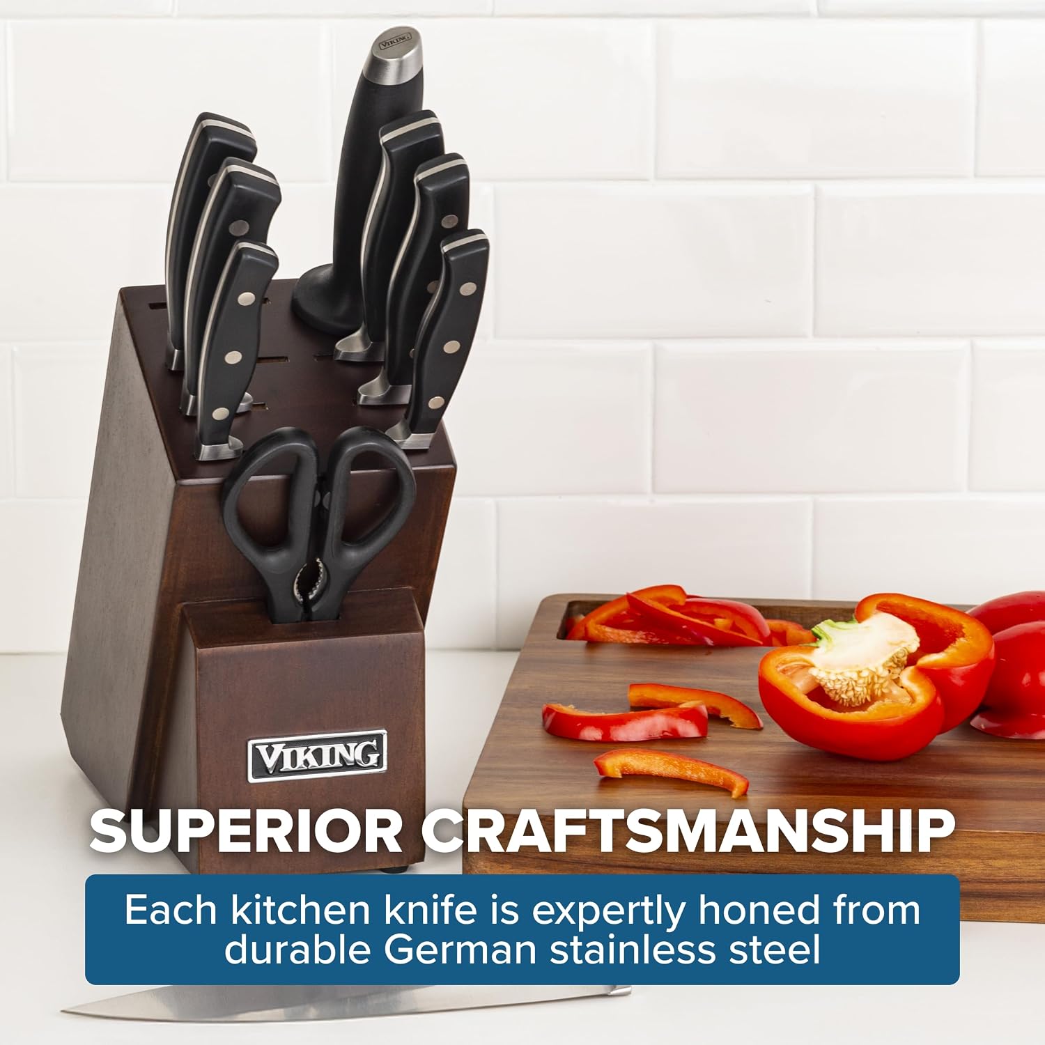 Viking Kitchen Knives Set, 10 Piece Full Forged Cutlery Set with Walnut Knife Block, Stainless Steel Blades and Ergonomic Handles, Dishwasher Safe