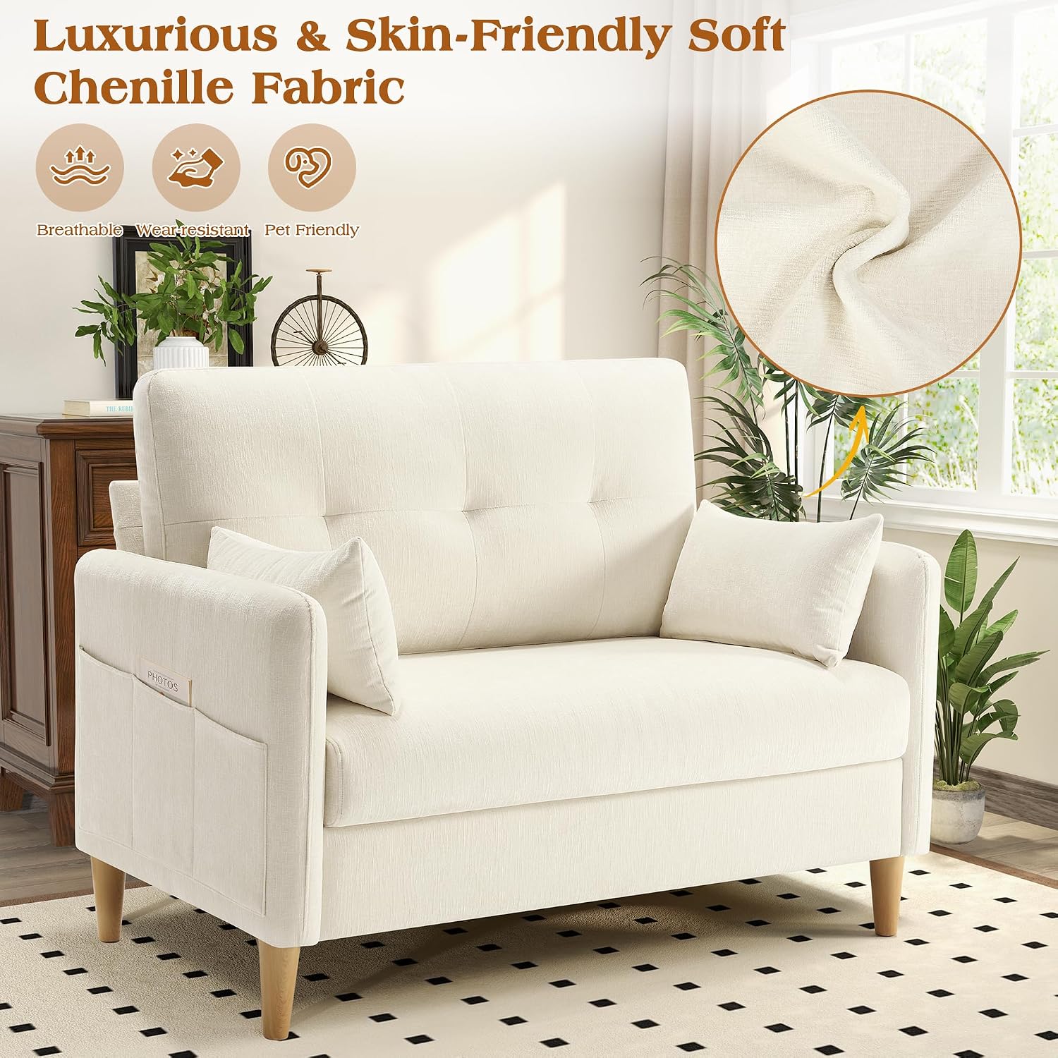 Hanherry Loveseat Sofa, 47' Small Couch for Living Room, Comfy Chenille Fabric Love Seat for Bedroom withThrow Pillow,Removable Cushion Cover,Couches for Small Space,Apartment,Dorm