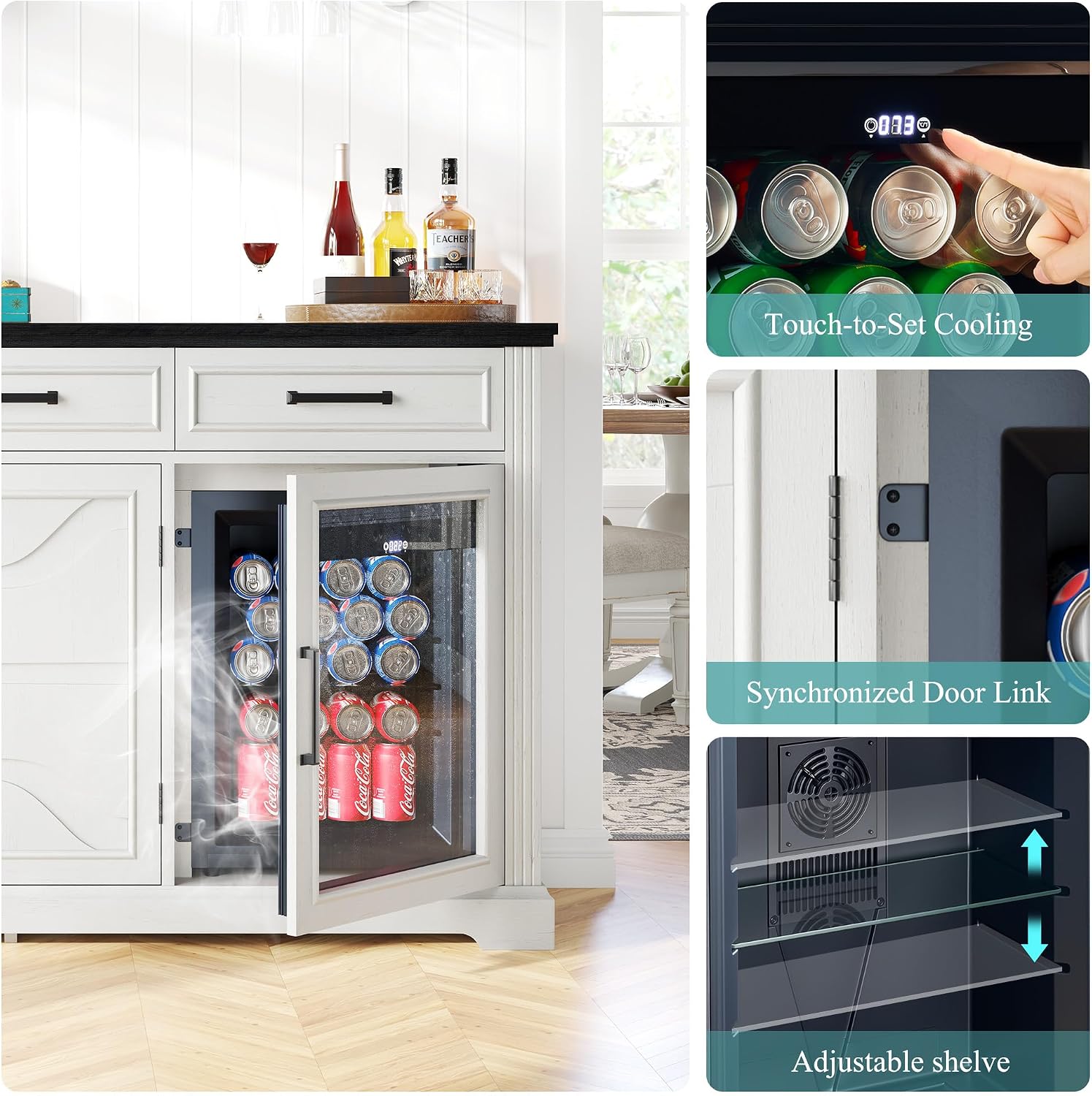LUXOAK 60' Farmhouse Coffee Bar Cabinet with Beverage Fridge (Included), Wine Bar Cabinet with Drawer Storage, Mini Fridge Cabinet, Sideboard Cabinet for Dining Room, Living Room-White