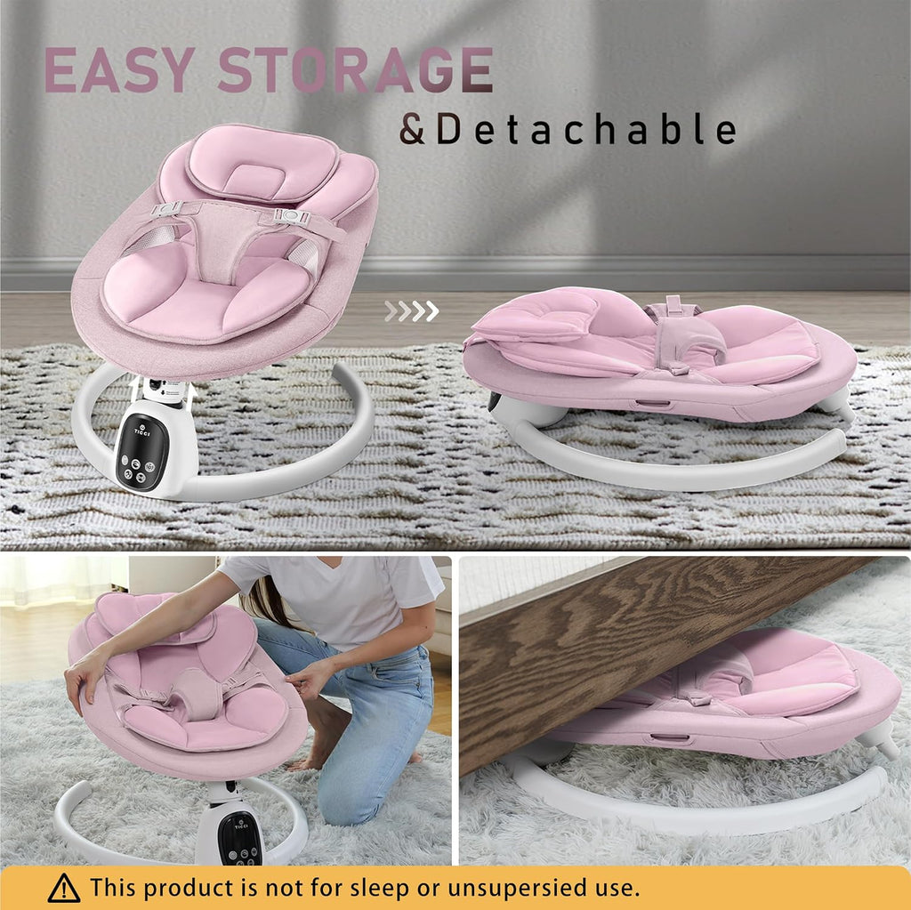 T TICCI Baby Swings for Infants, Smart Portable Baby Swing for Newborn, Bluetooth Infant Swing with Music Speaker, Remote Control Indoor Rocker with 5 Sway Speeds, 0-6 Months, Pink