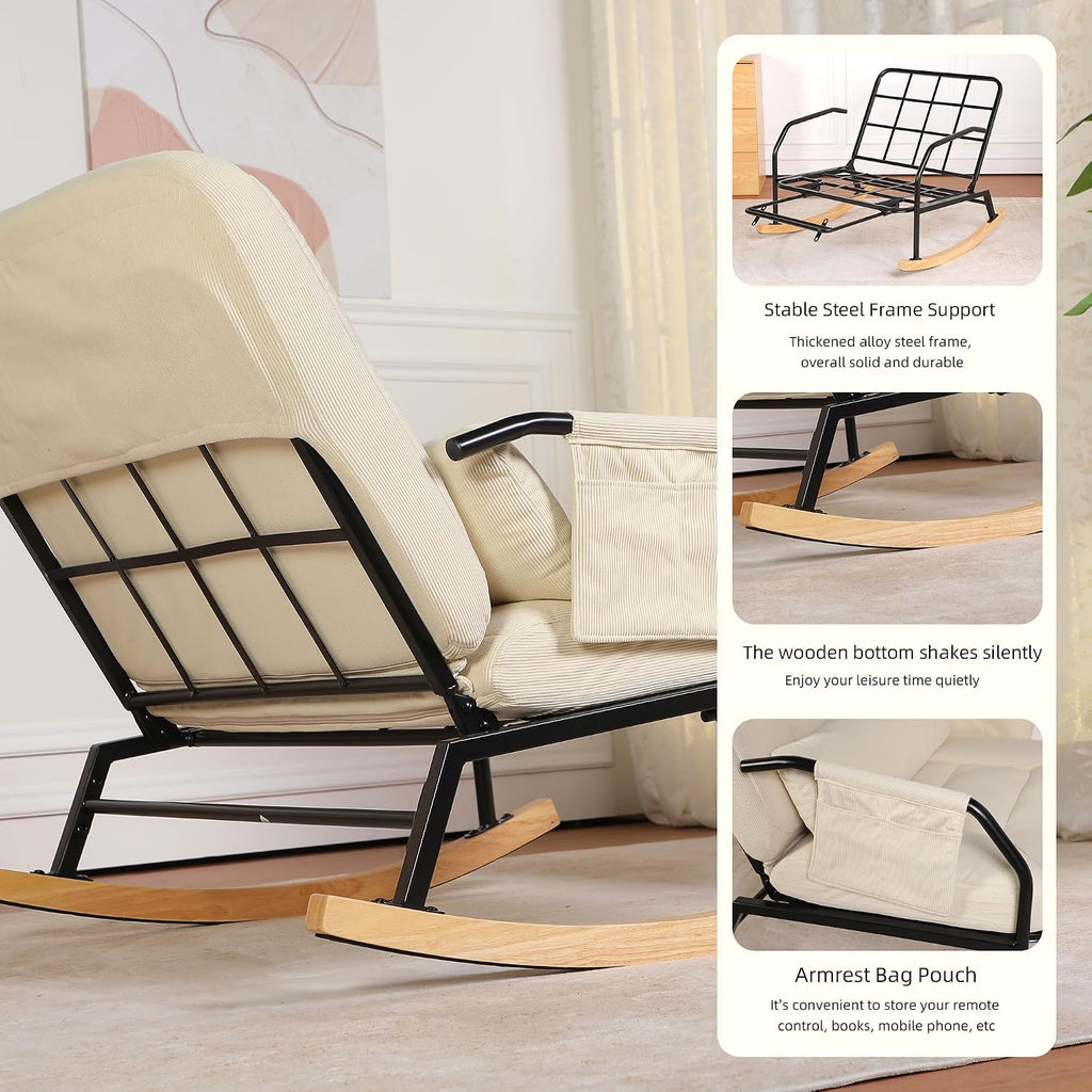 Oversized Rocking Chair, Extra-Wide Glider Patio Rocker Chairs with Foot Rest, Padded Cushion, Adjustable Backrest, Mental Wooden Farm, Indoor/Outdoor Living Room Bedroom Balcony Porch, Beige