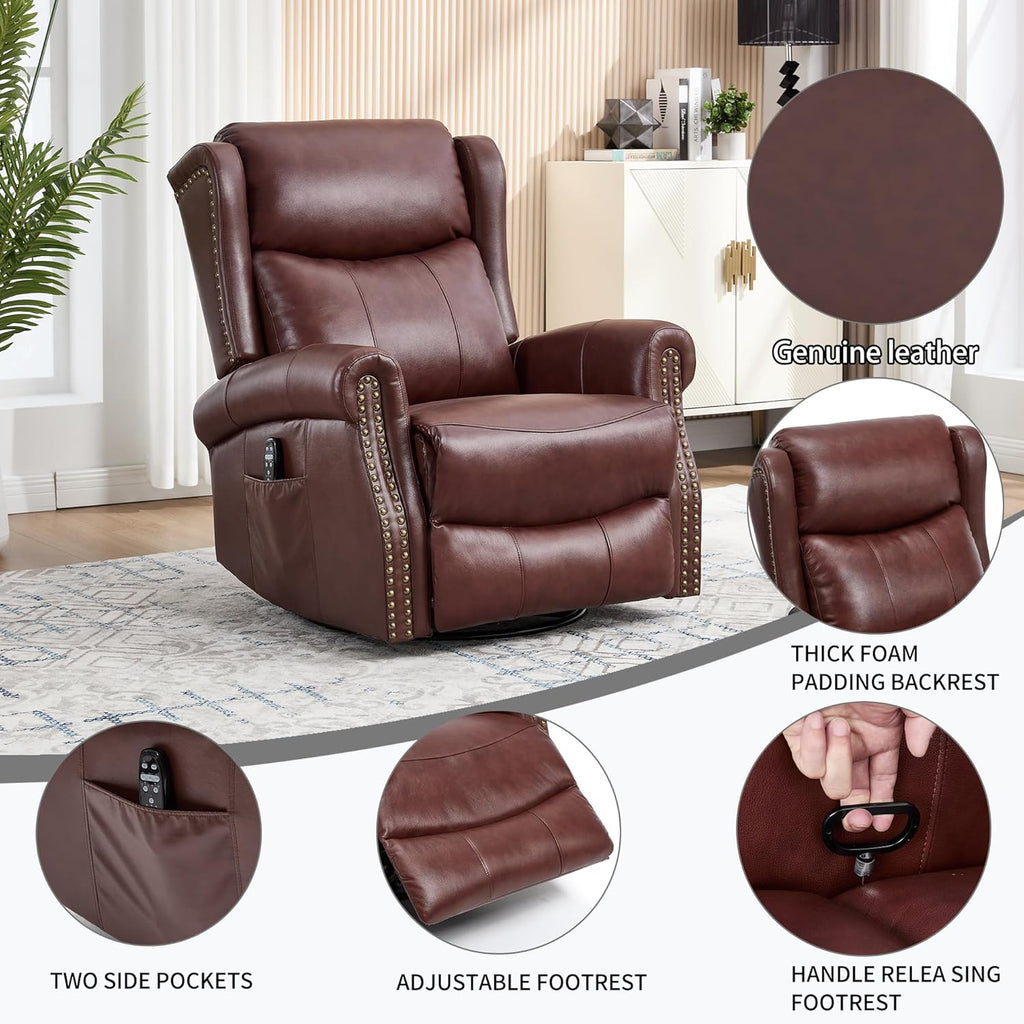 360° Swivel Glider Chair for Nursery, Wingback Genuine Leather Rocking Recliner with Lumbar Heat & Massage, 8-Point Vibration Massage for Living Room Bedroom